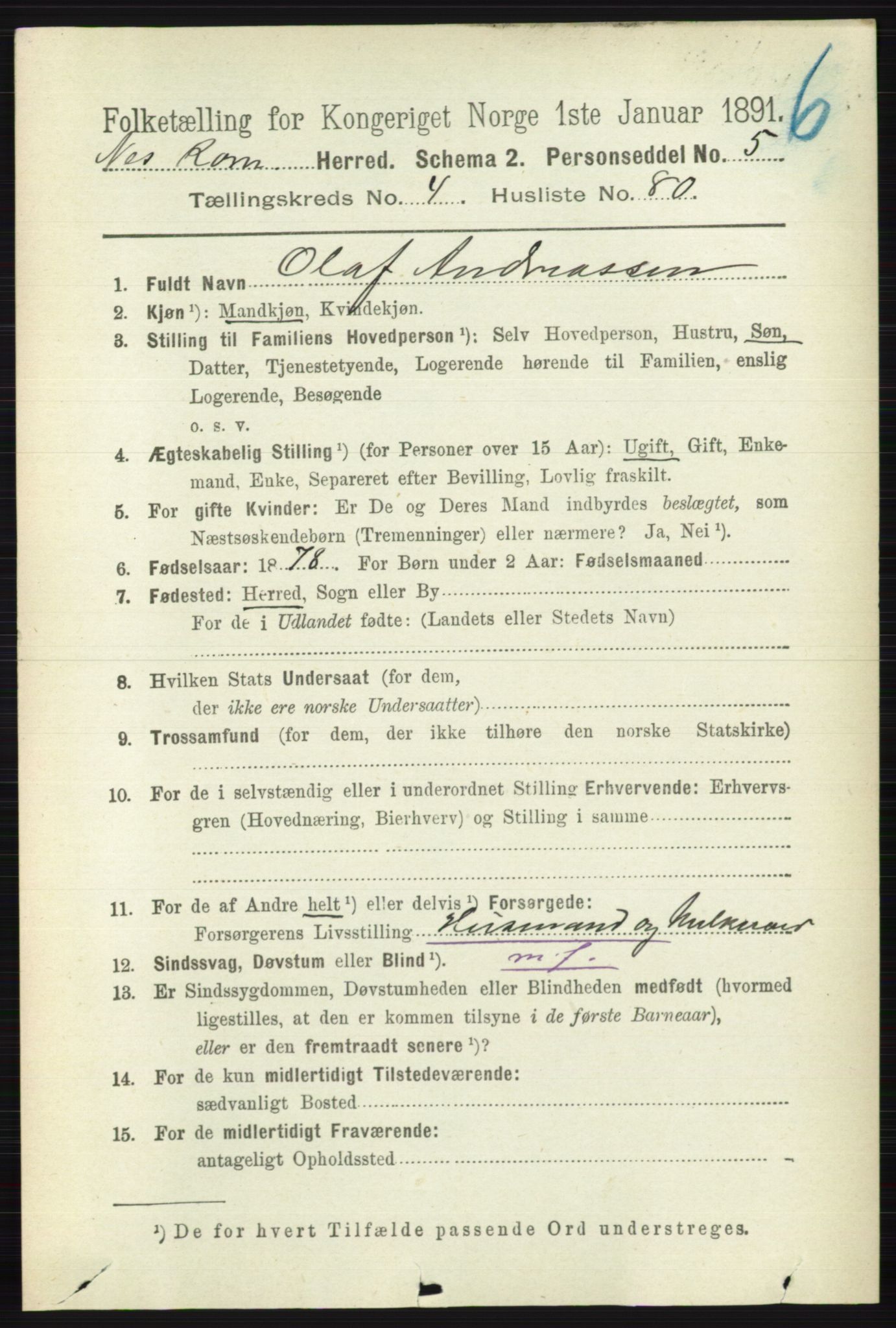 RA, 1891 census for 0236 Nes, 1891, p. 2693