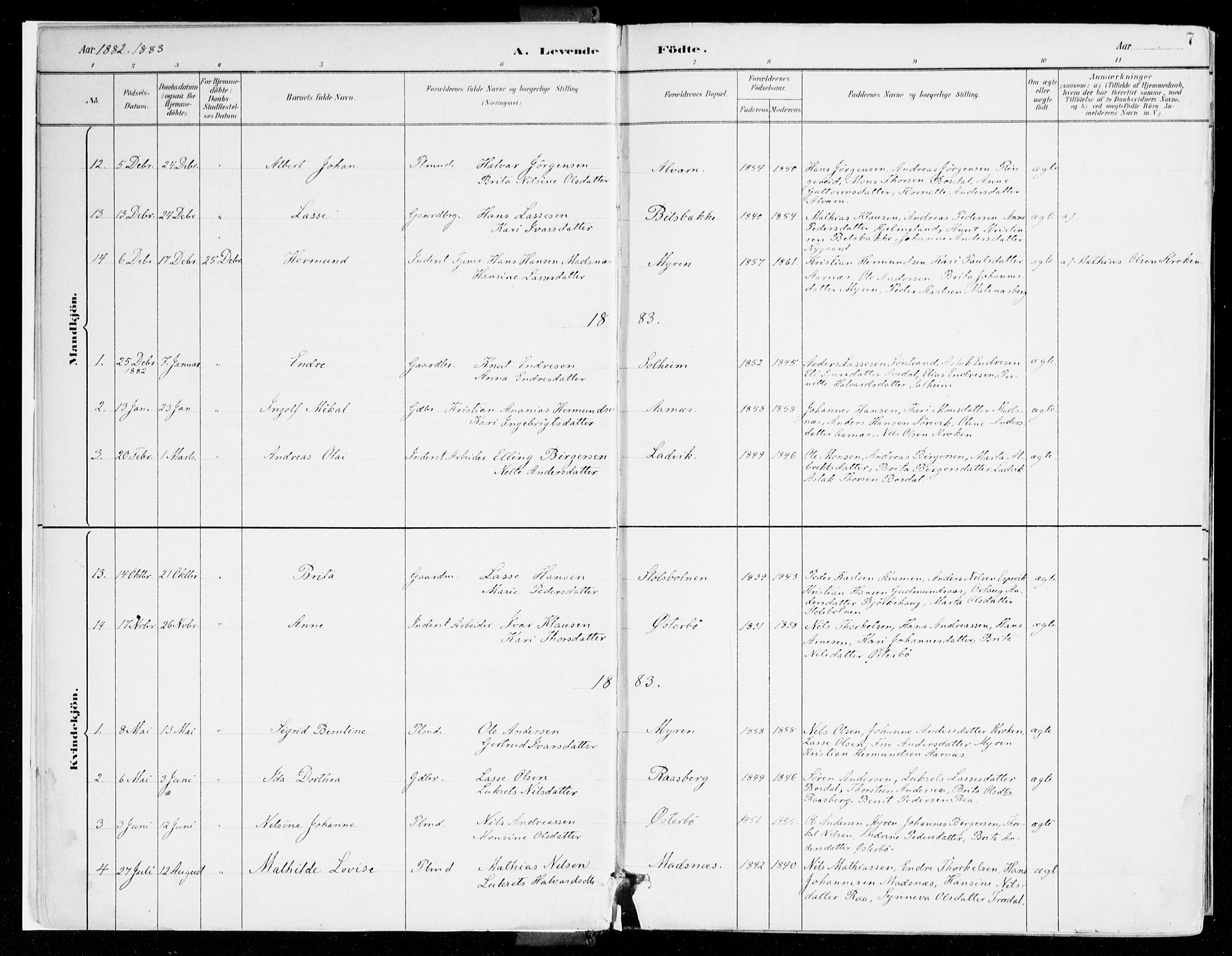 Lavik sokneprestembete, AV/SAB-A-80901: Parish register (official) no. B 1, 1882-1908, p. 7