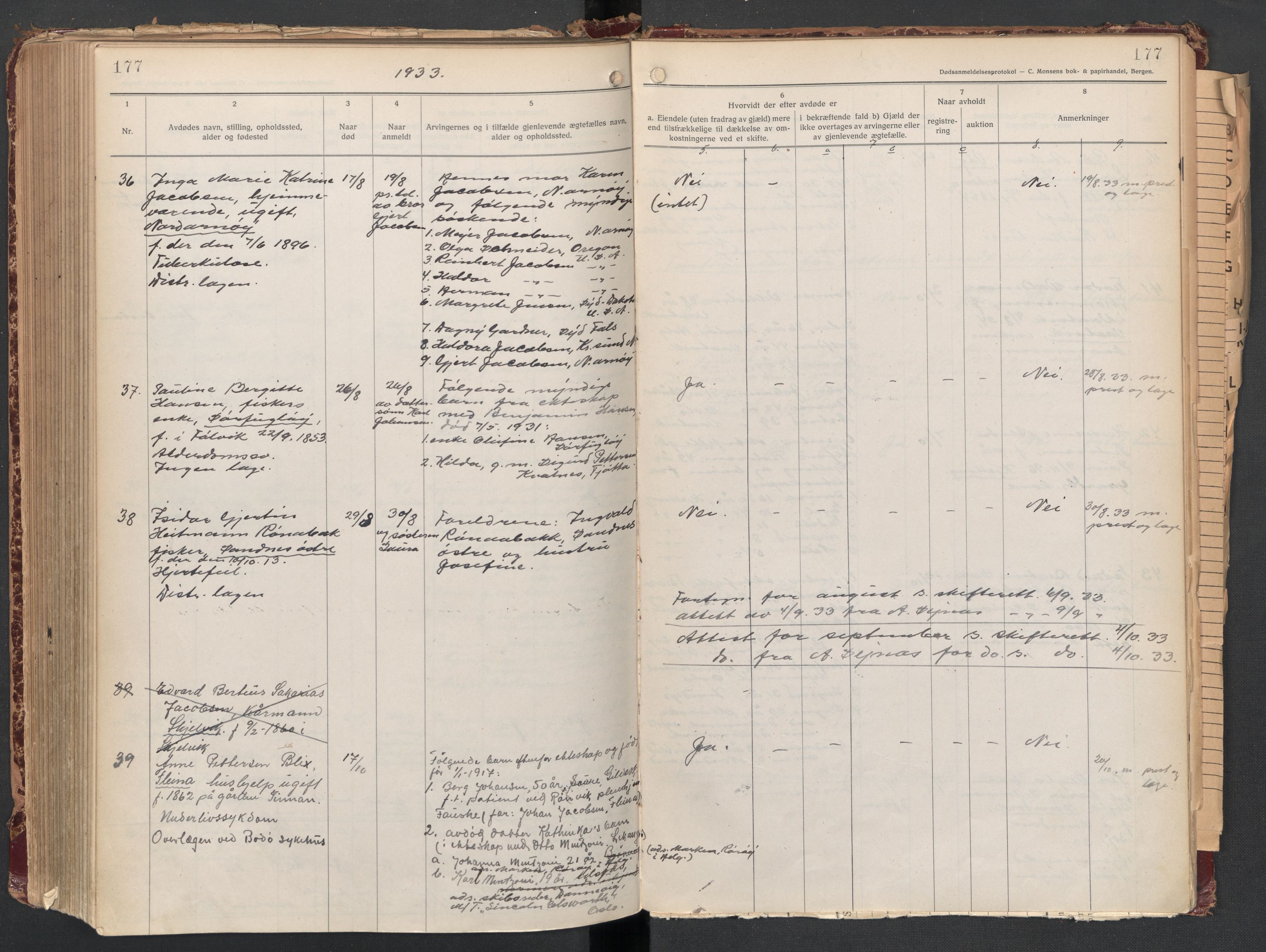 Gildeskål lensmannskontor, AV/SAT-A-4368/1/02/L0008: 2.01.08 - Dødsfallsprotokoll, 1917-1934, p. 177