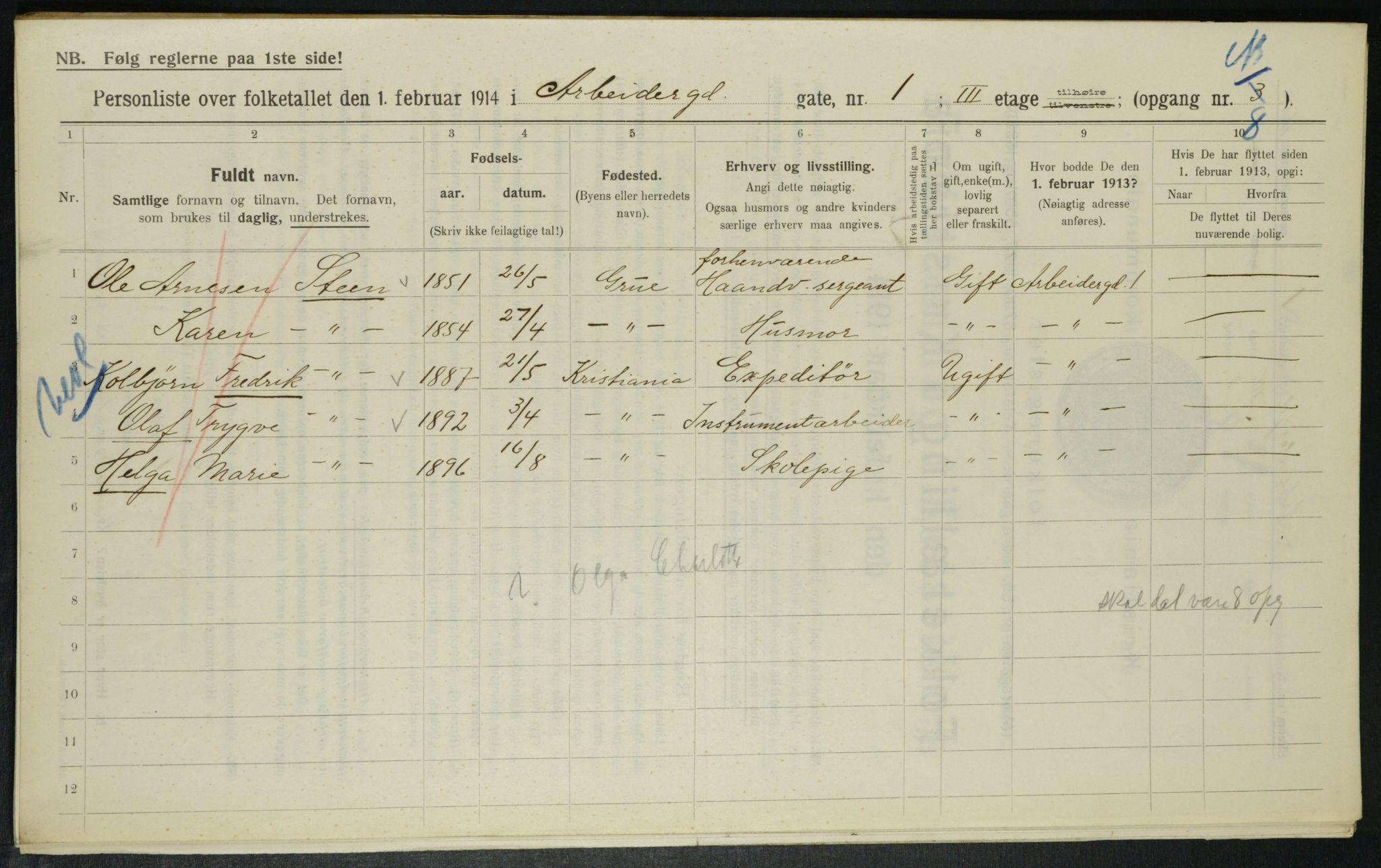 OBA, Municipal Census 1914 for Kristiania, 1914, p. 1482