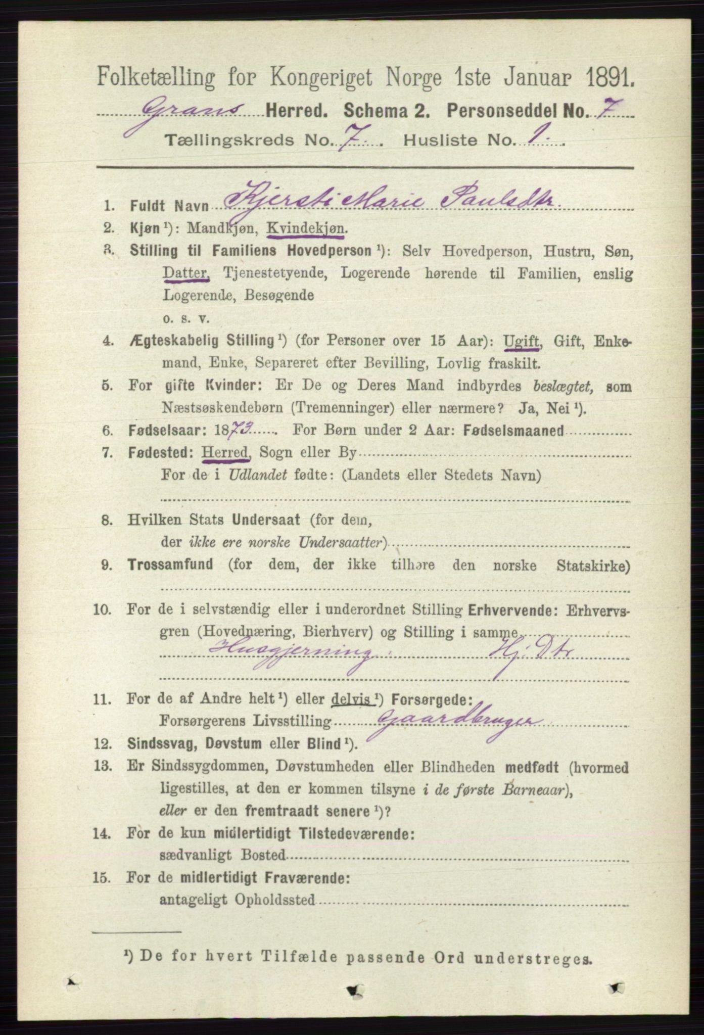 RA, 1891 census for 0534 Gran, 1891, p. 2802