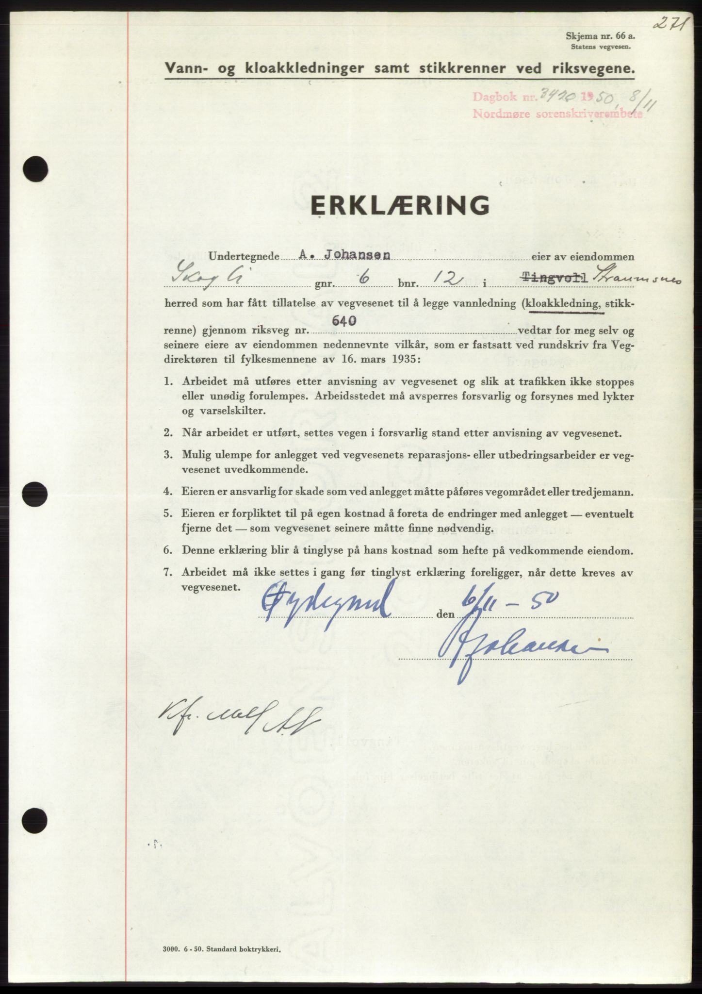 Nordmøre sorenskriveri, AV/SAT-A-4132/1/2/2Ca: Mortgage book no. B106, 1950-1950, Diary no: : 3420/1950