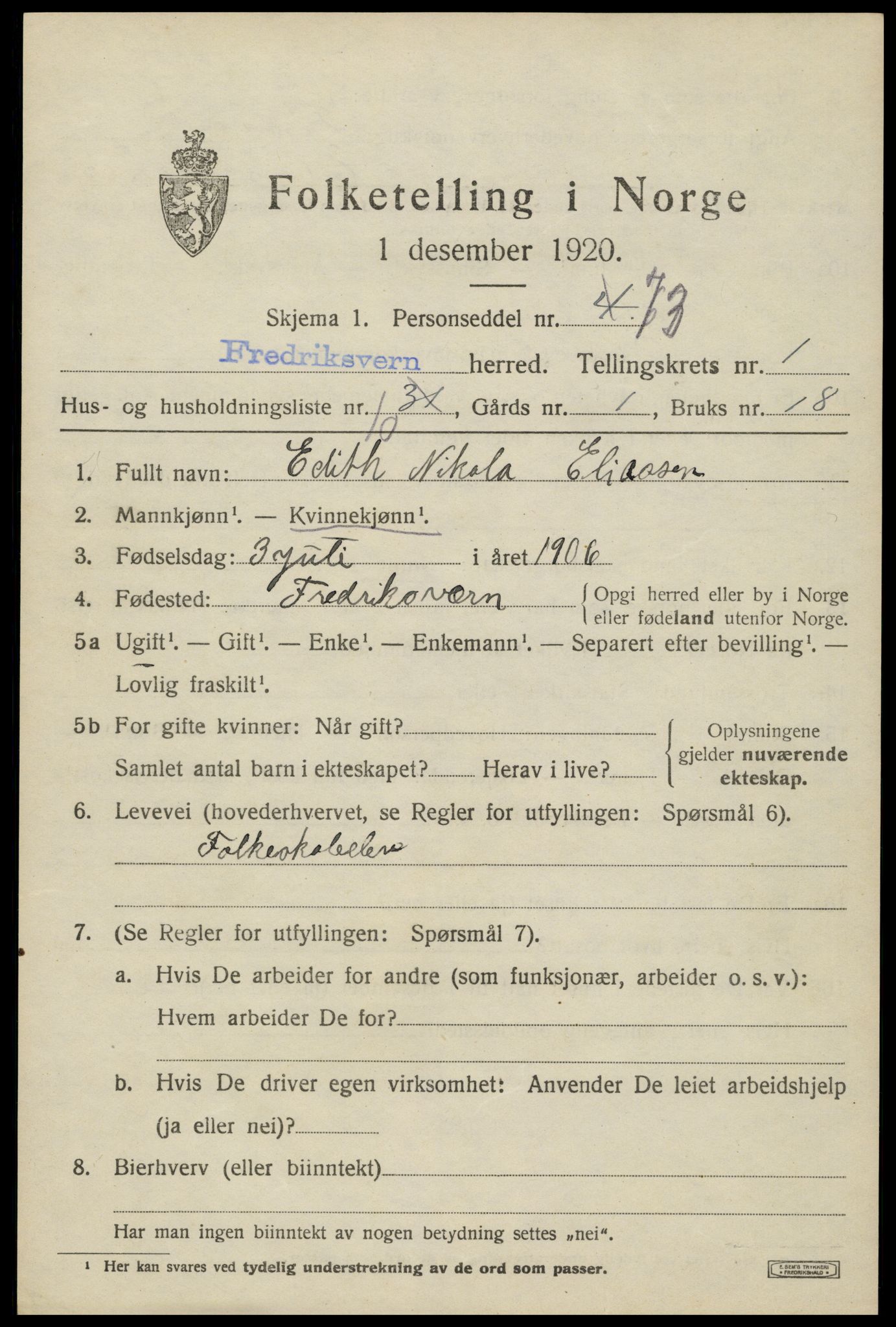 SAKO, 1920 census for Fredriksvern, 1920, p. 595