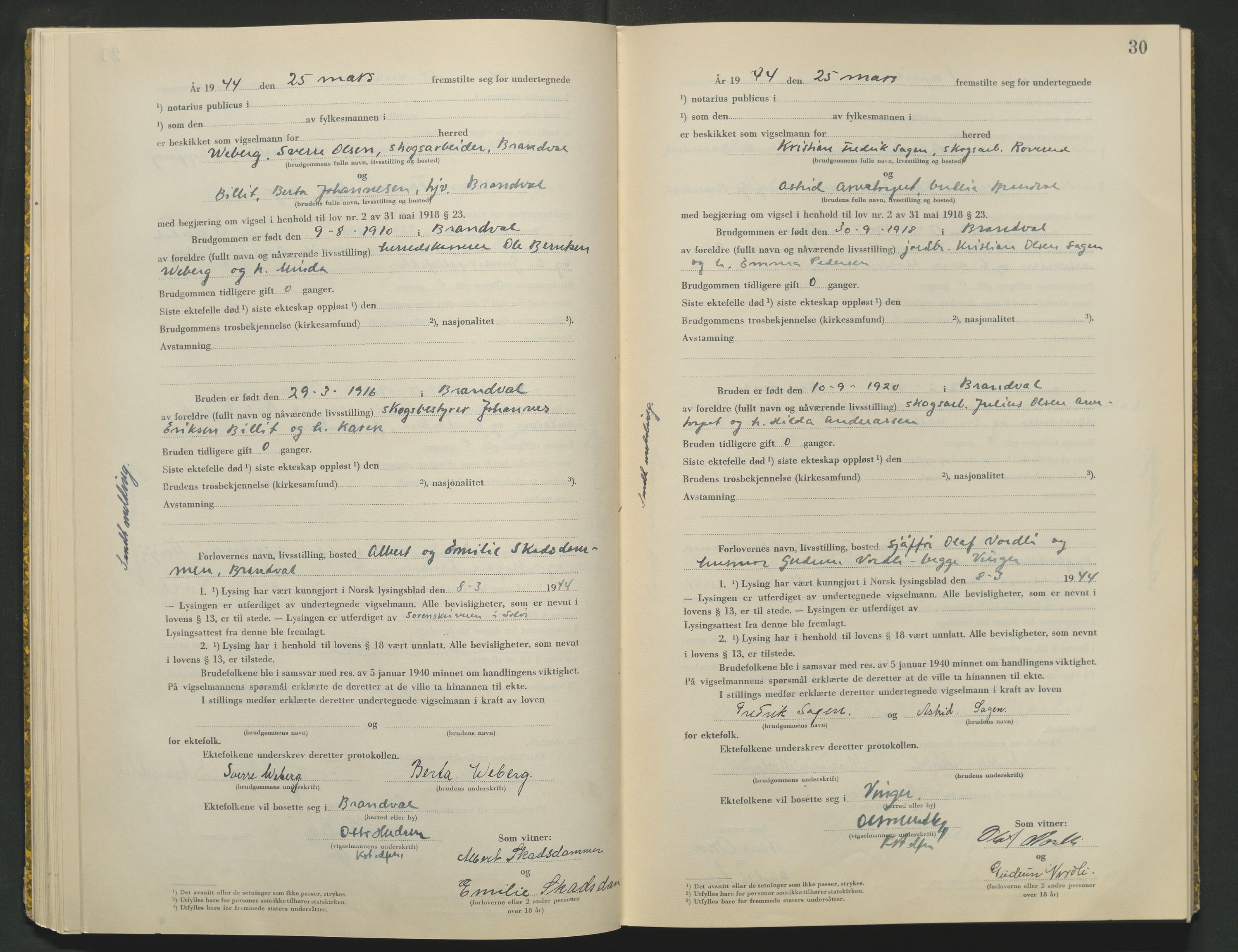 Vinger og Odal sorenskriveri, AV/SAH-TING-022/L/Lb/L0003: Vigselsprotokoll, 1943-1944, p. 30