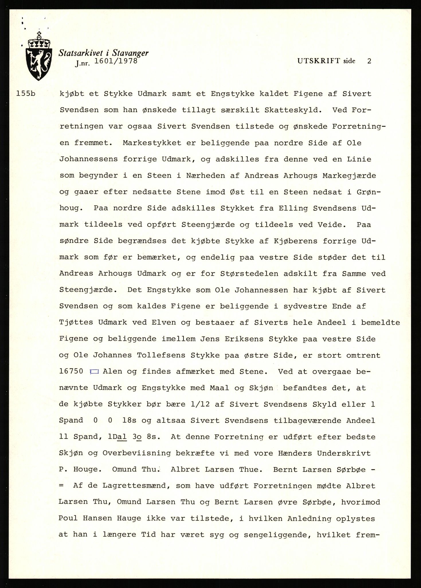 Statsarkivet i Stavanger, AV/SAST-A-101971/03/Y/Yj/L0087: Avskrifter sortert etter gårdsnavn: Tjemsland nordre - Todhammer, 1750-1930, p. 564