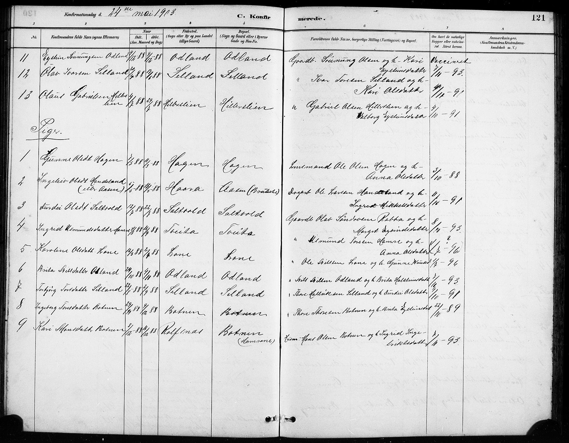 Røldal sokneprestembete, SAB/A-100247: Parish register (copy) no. A 3, 1887-1917, p. 121