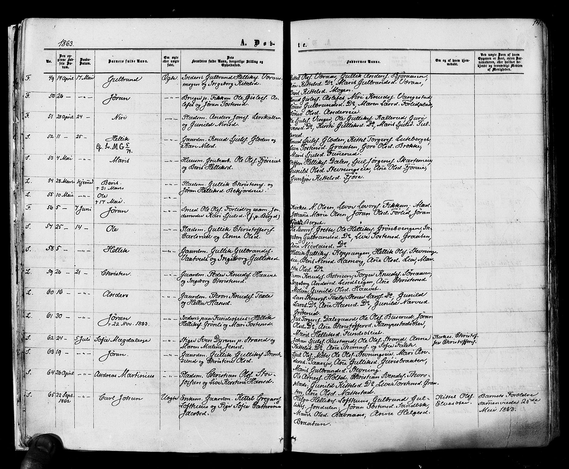 Flesberg kirkebøker, SAKO/A-18/F/Fa/L0007: Parish register (official) no. I 7, 1861-1878, p. 14