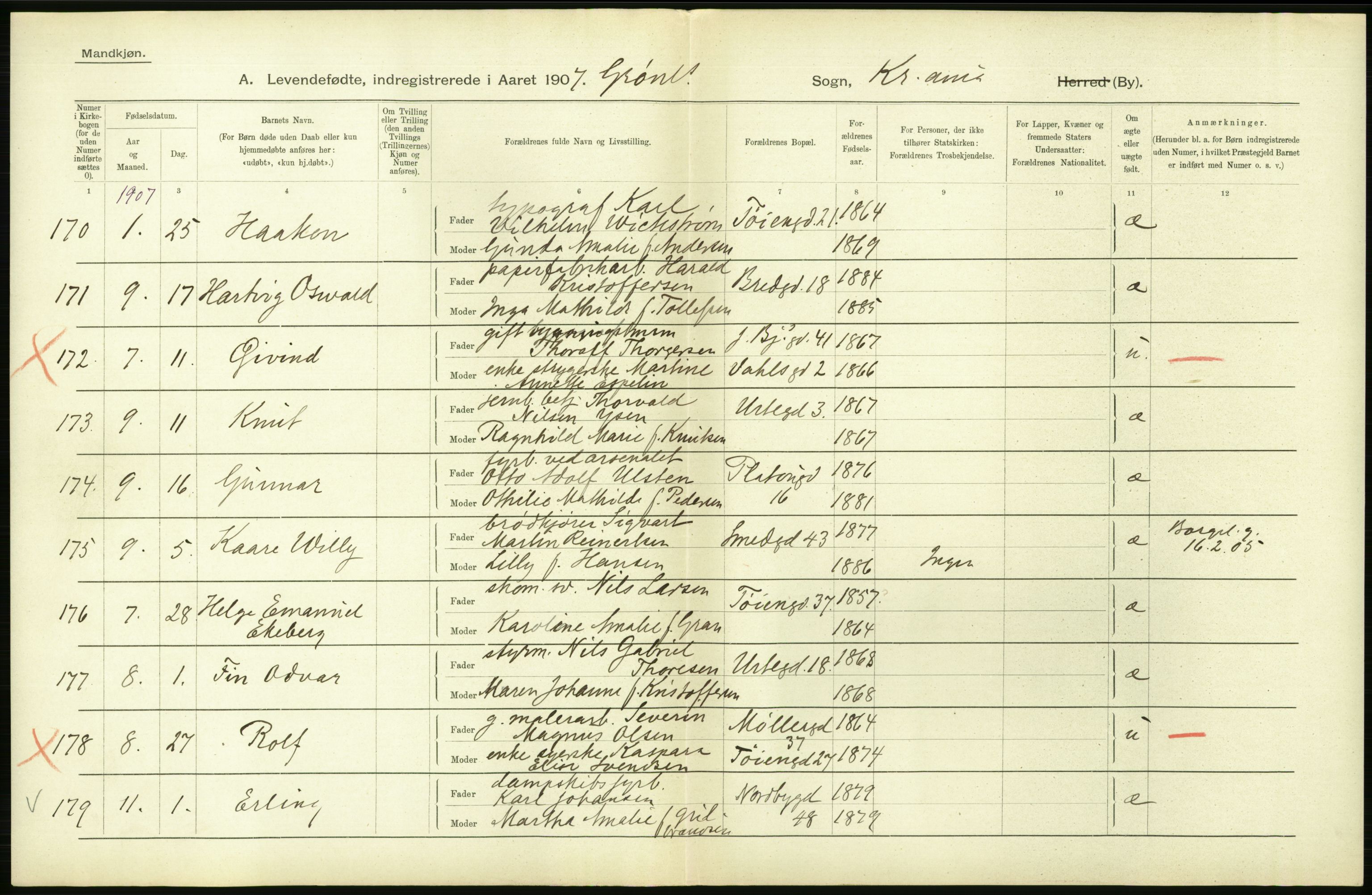 Statistisk sentralbyrå, Sosiodemografiske emner, Befolkning, AV/RA-S-2228/D/Df/Dfa/Dfae/L0007: Kristiania: Levendefødte menn og kvinner., 1907, p. 288