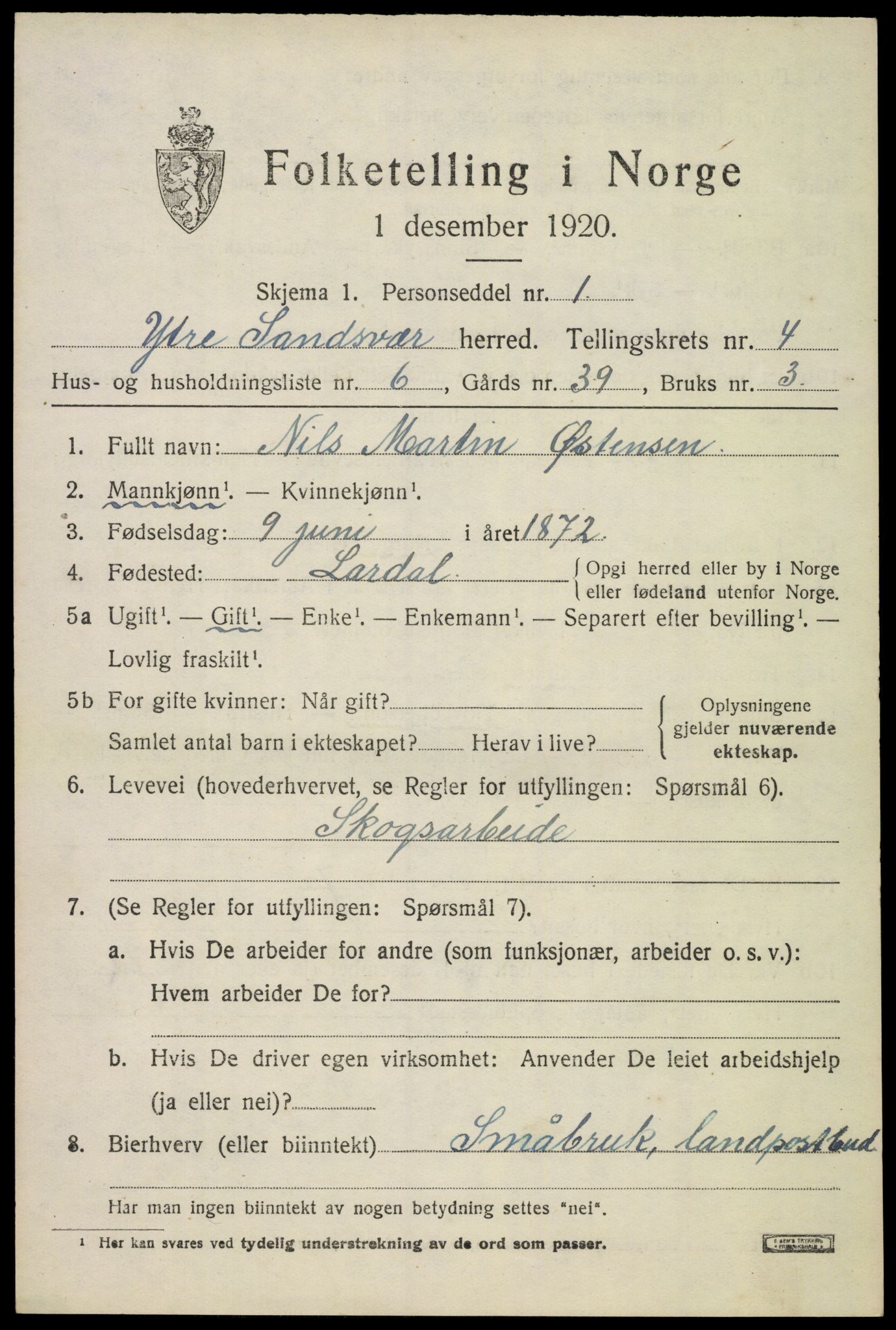 SAKO, 1920 census for Ytre Sandsvær, 1920, p. 4442