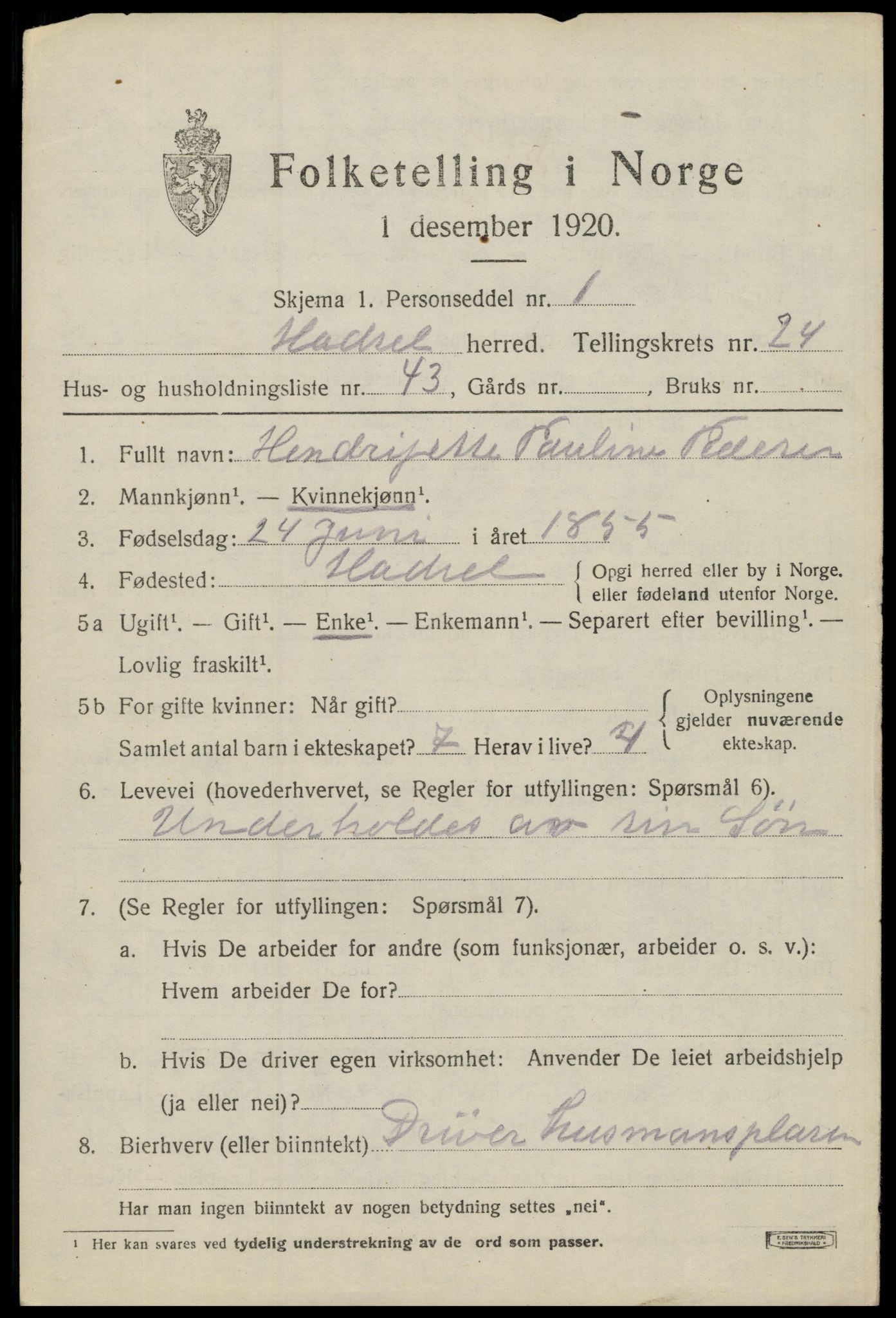 SAT, 1920 census for Hadsel, 1920, p. 21914