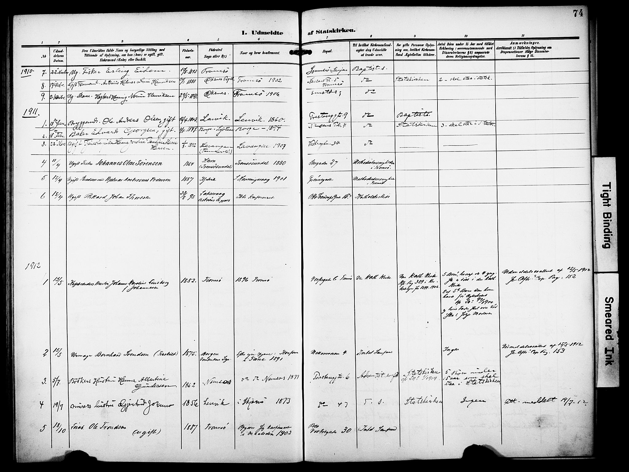 Tromsø sokneprestkontor/stiftsprosti/domprosti, AV/SATØ-S-1343/G/Ge/L0068: Dissenter register no. 68, 1907-1917, p. 74