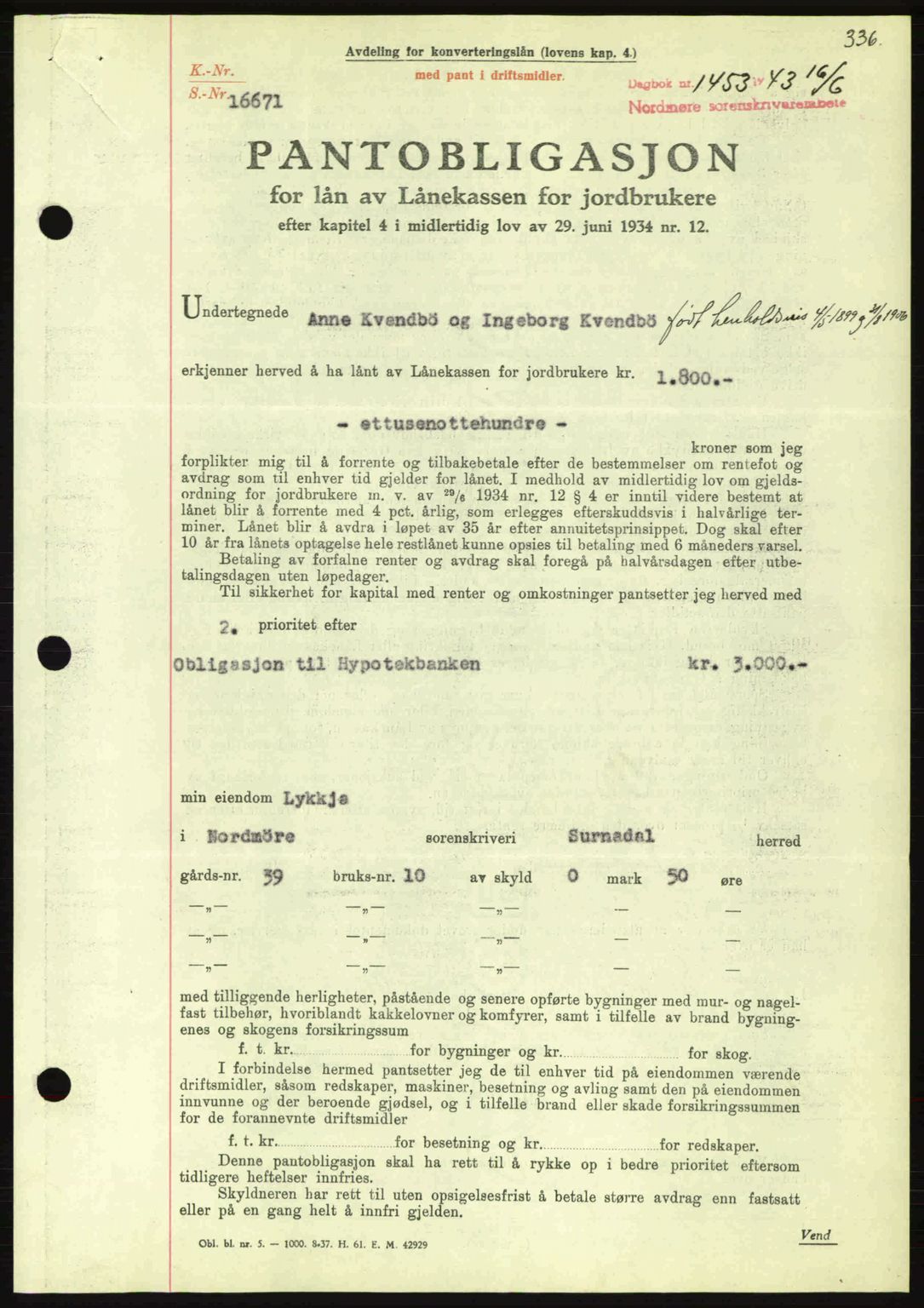 Nordmøre sorenskriveri, AV/SAT-A-4132/1/2/2Ca: Mortgage book no. B90, 1942-1943, Diary no: : 1453/1943