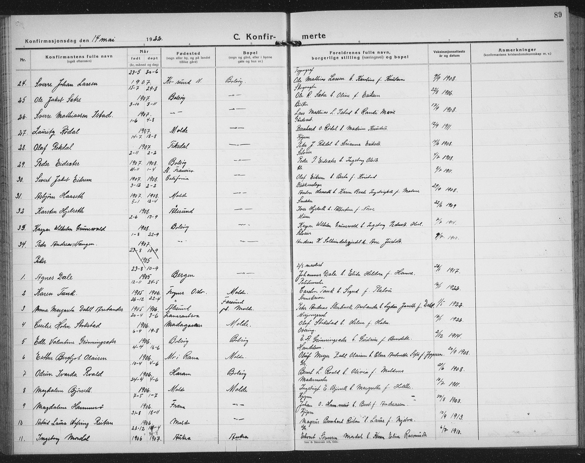 Ministerialprotokoller, klokkerbøker og fødselsregistre - Møre og Romsdal, AV/SAT-A-1454/558/L0704: Parish register (copy) no. 558C05, 1921-1942, p. 89