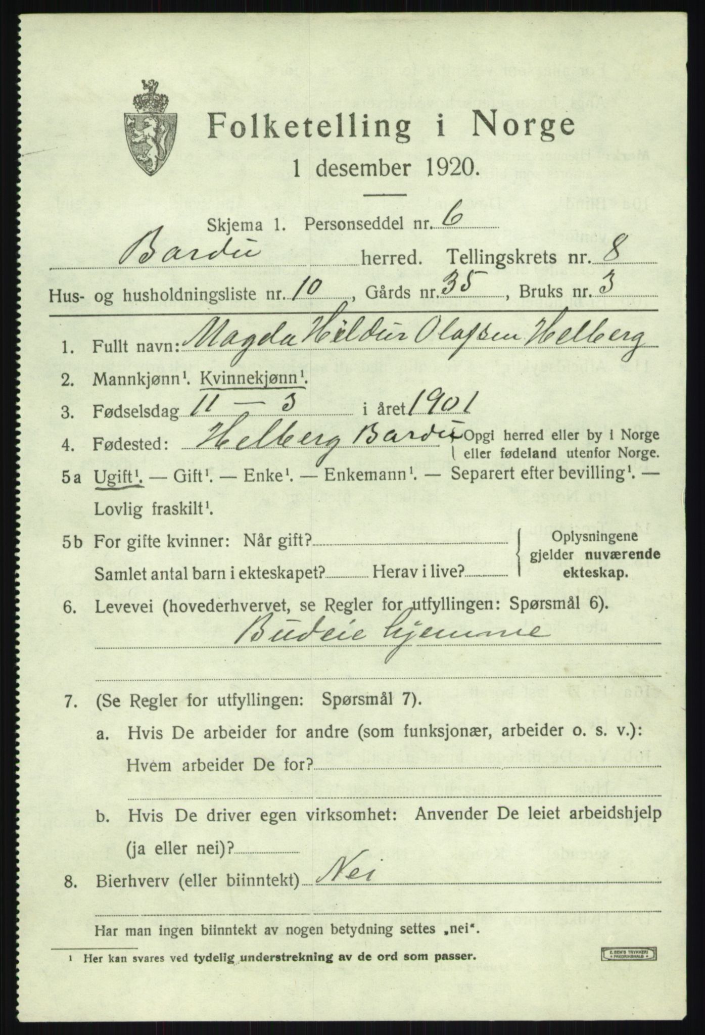 SATØ, 1920 census for Bardu, 1920, p. 3022