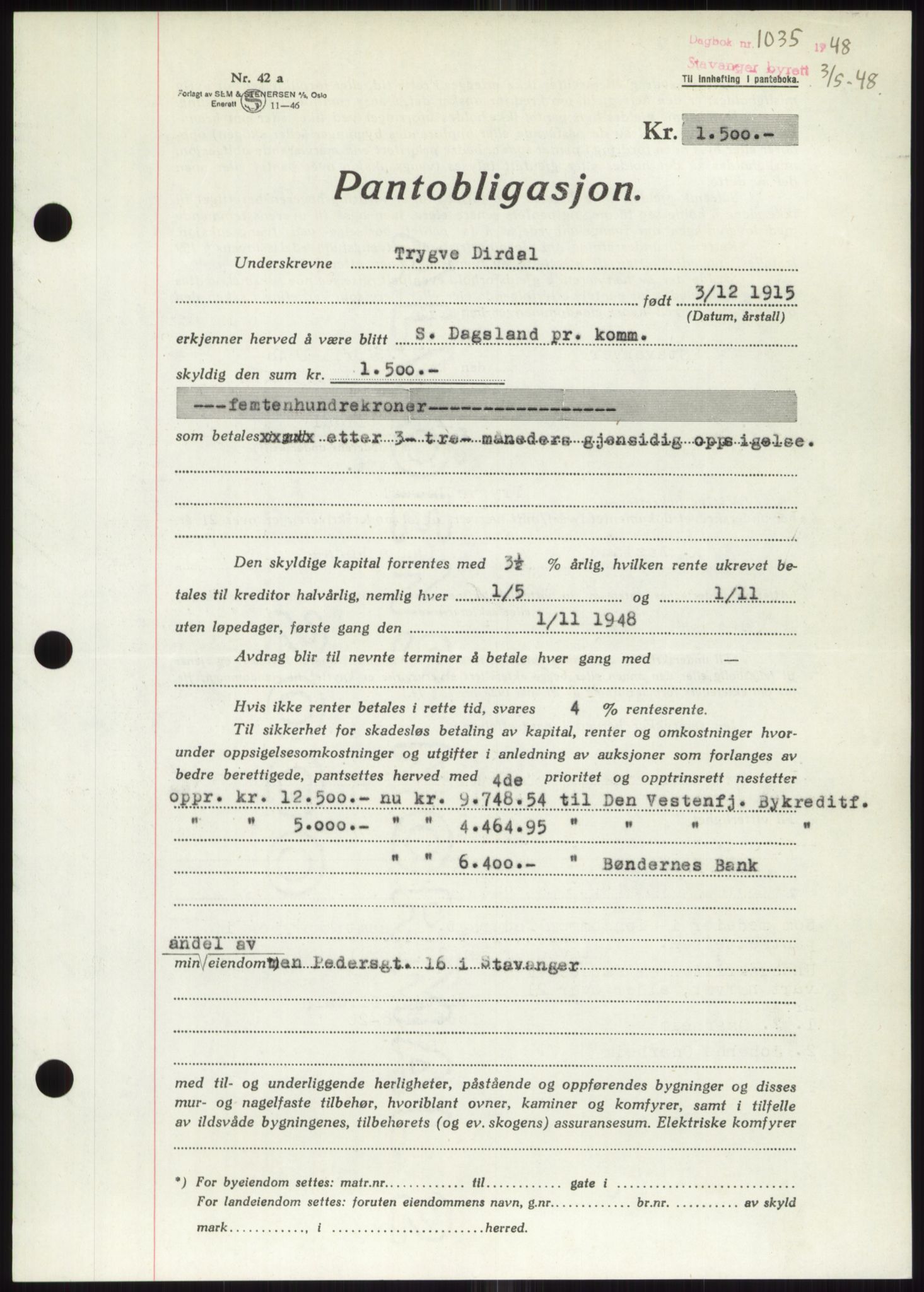 Stavanger byrett, SAST/A-100455/002/G/Gb/L0032: Mortgage book, 1947-1950, Diary no: : 1035/1948