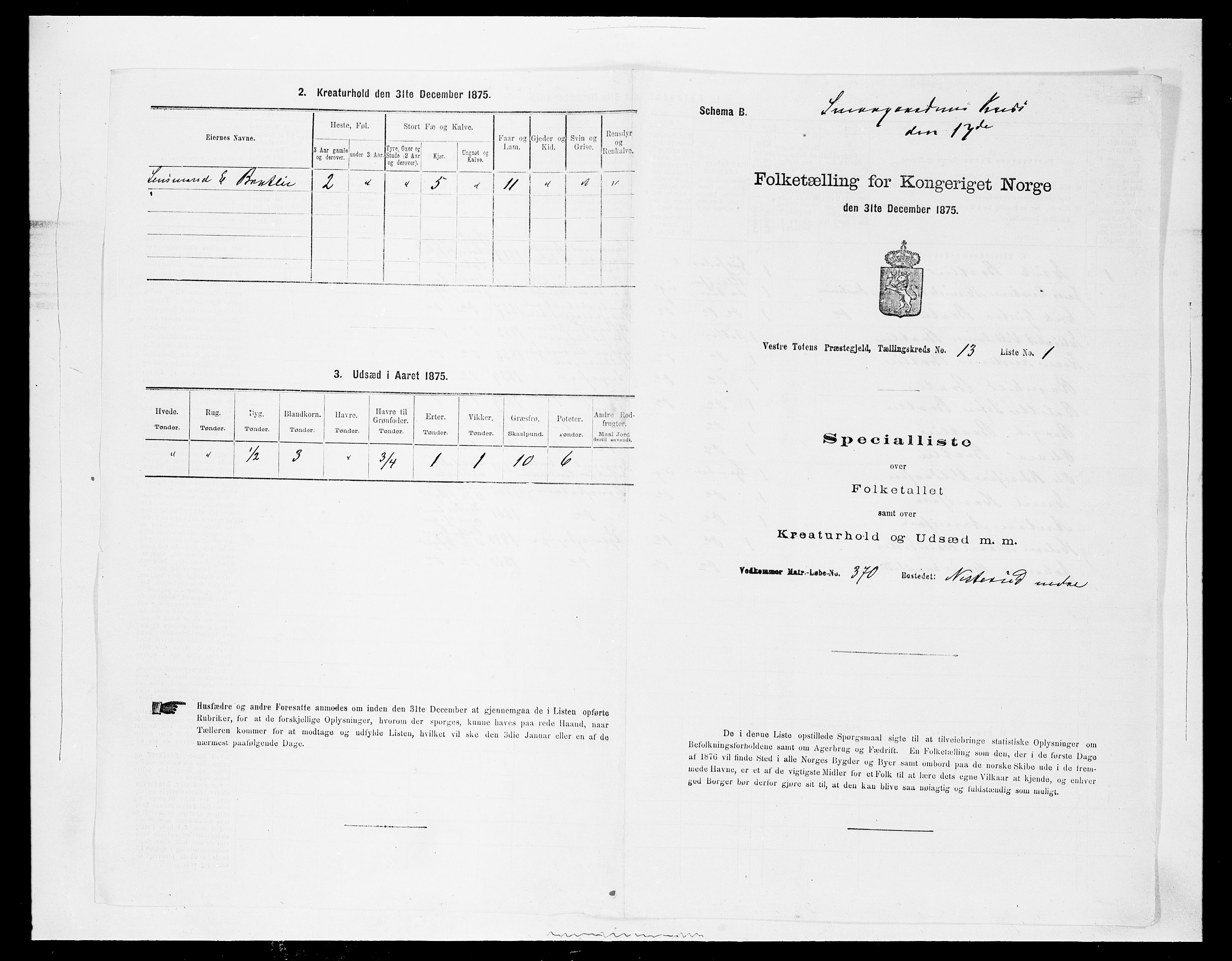 SAH, 1875 census for 0529P Vestre Toten, 1875, p. 2337