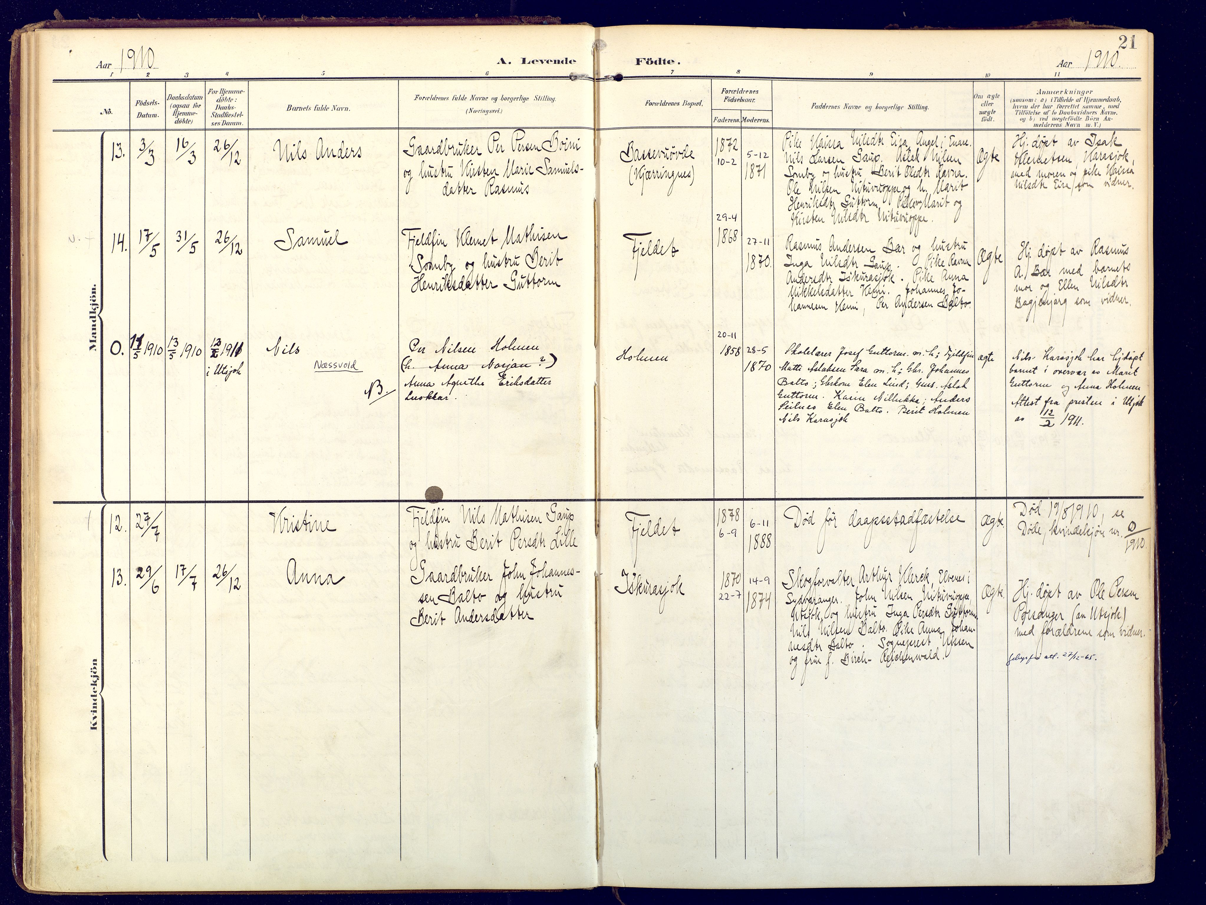 Karasjok sokneprestkontor, AV/SATØ-S-1352/H/Ha: Parish register (official) no. 3, 1907-1926, p. 21