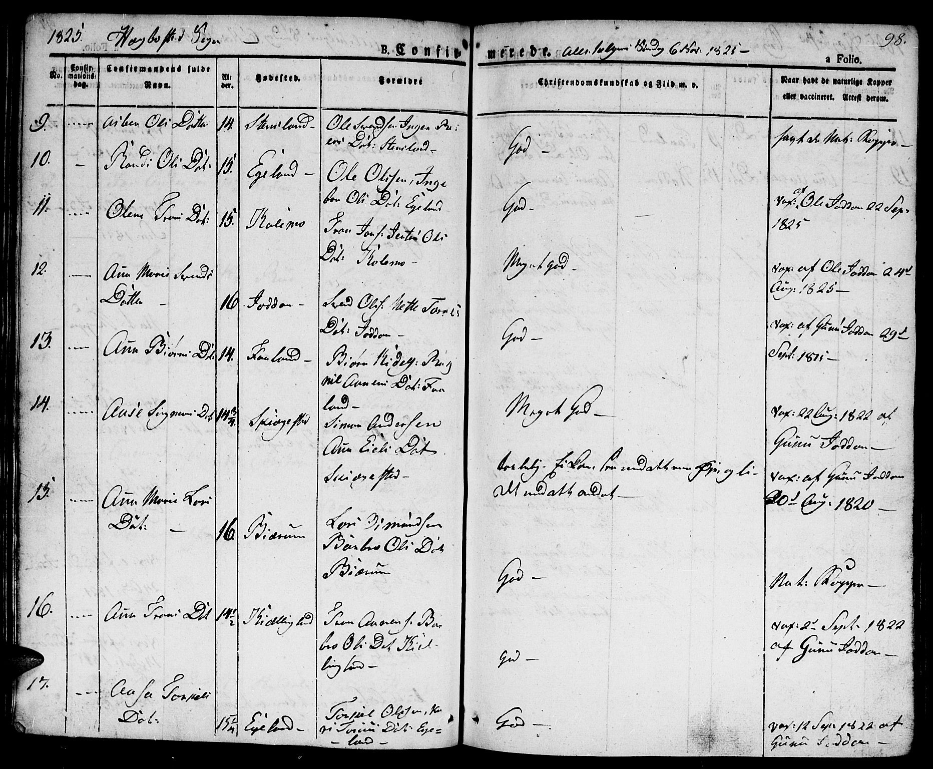 Hægebostad sokneprestkontor, AV/SAK-1111-0024/F/Fa/Faa/L0003: Parish register (official) no. A 3 /1, 1825-1834, p. 98