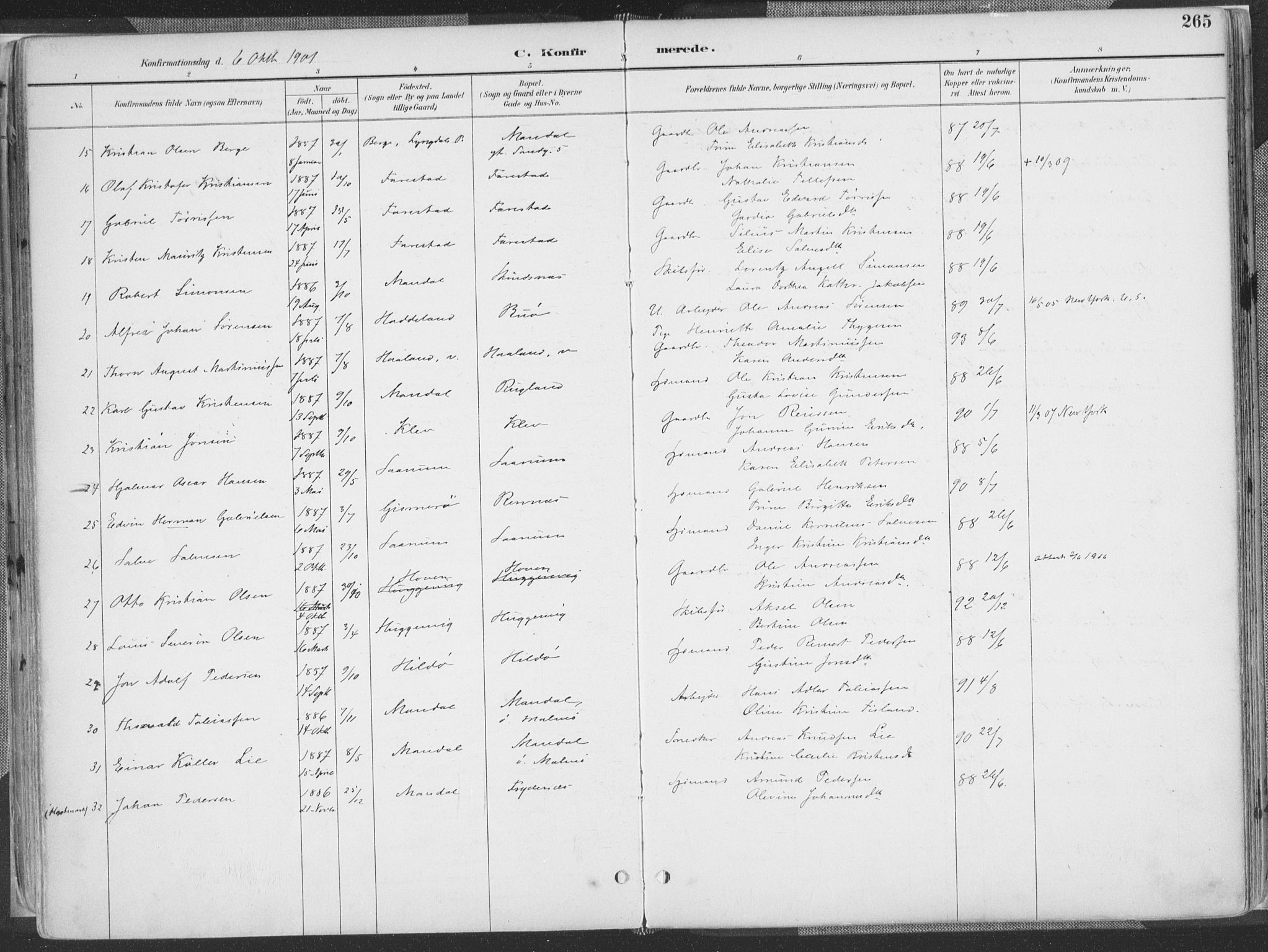 Mandal sokneprestkontor, AV/SAK-1111-0030/F/Fa/Faa/L0018: Parish register (official) no. A 18, 1890-1905, p. 265