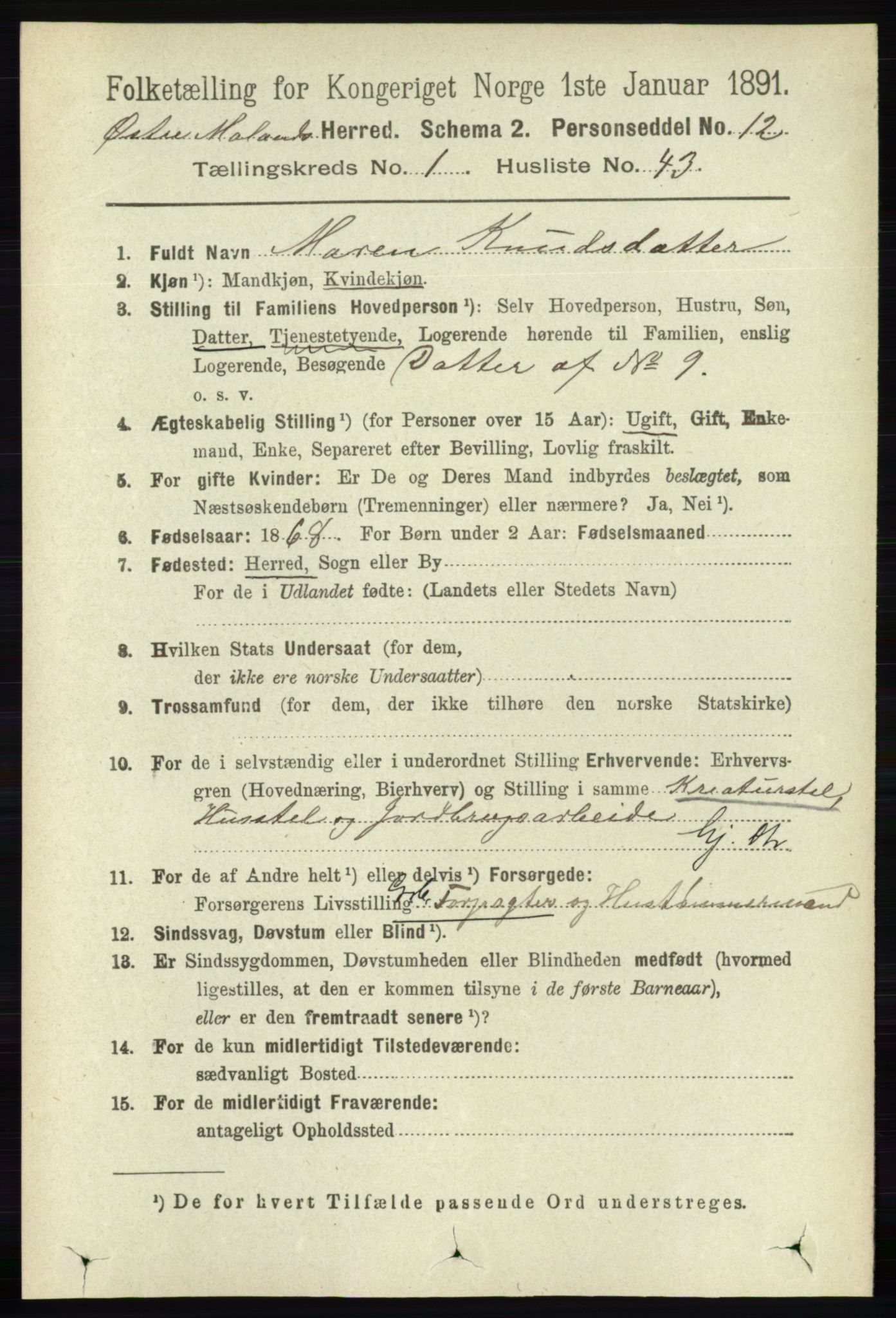 RA, 1891 census for 0918 Austre Moland, 1891, p. 375