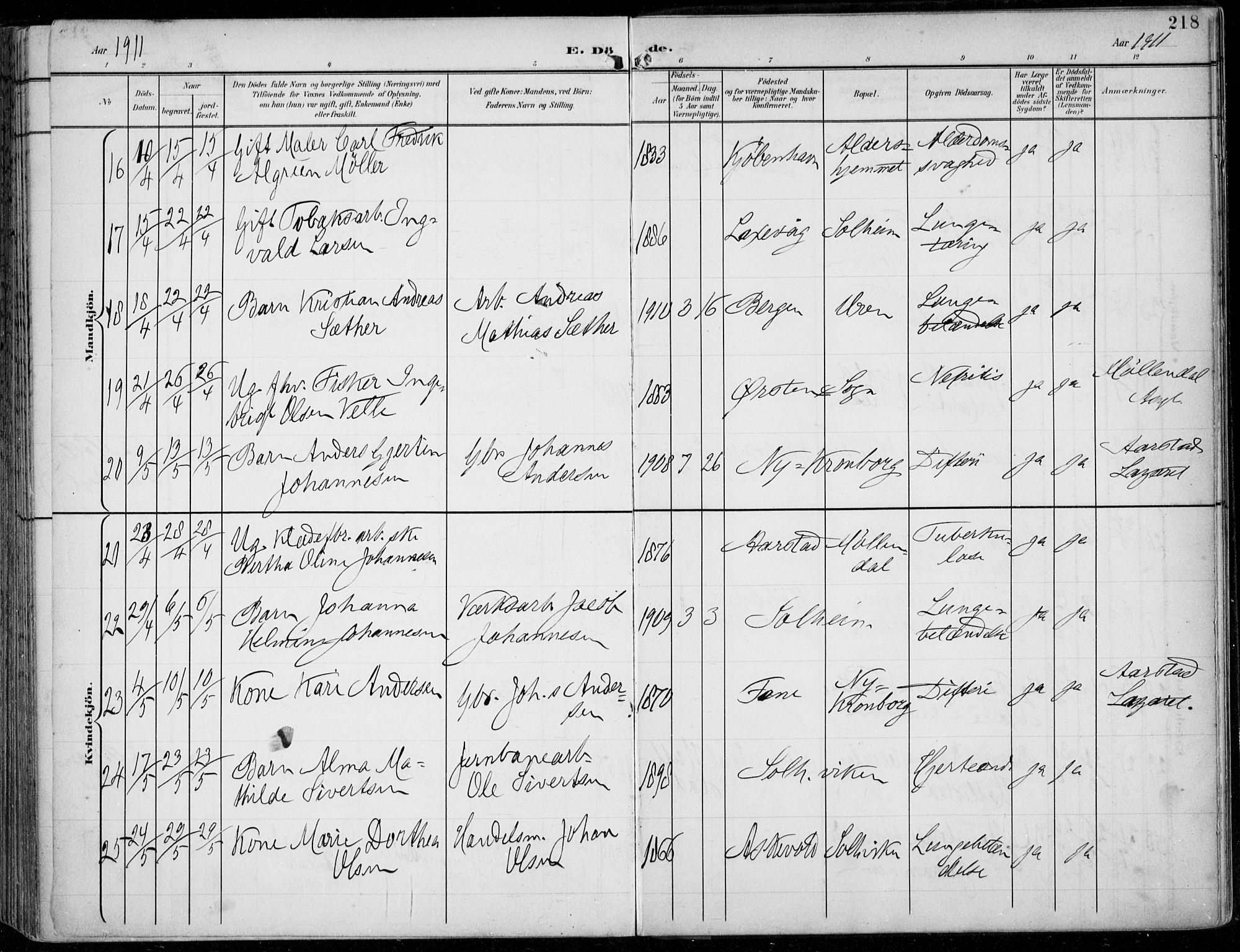 Årstad Sokneprestembete, AV/SAB-A-79301/H/Haa/L0009: Parish register (official) no. C 1, 1902-1918, p. 218