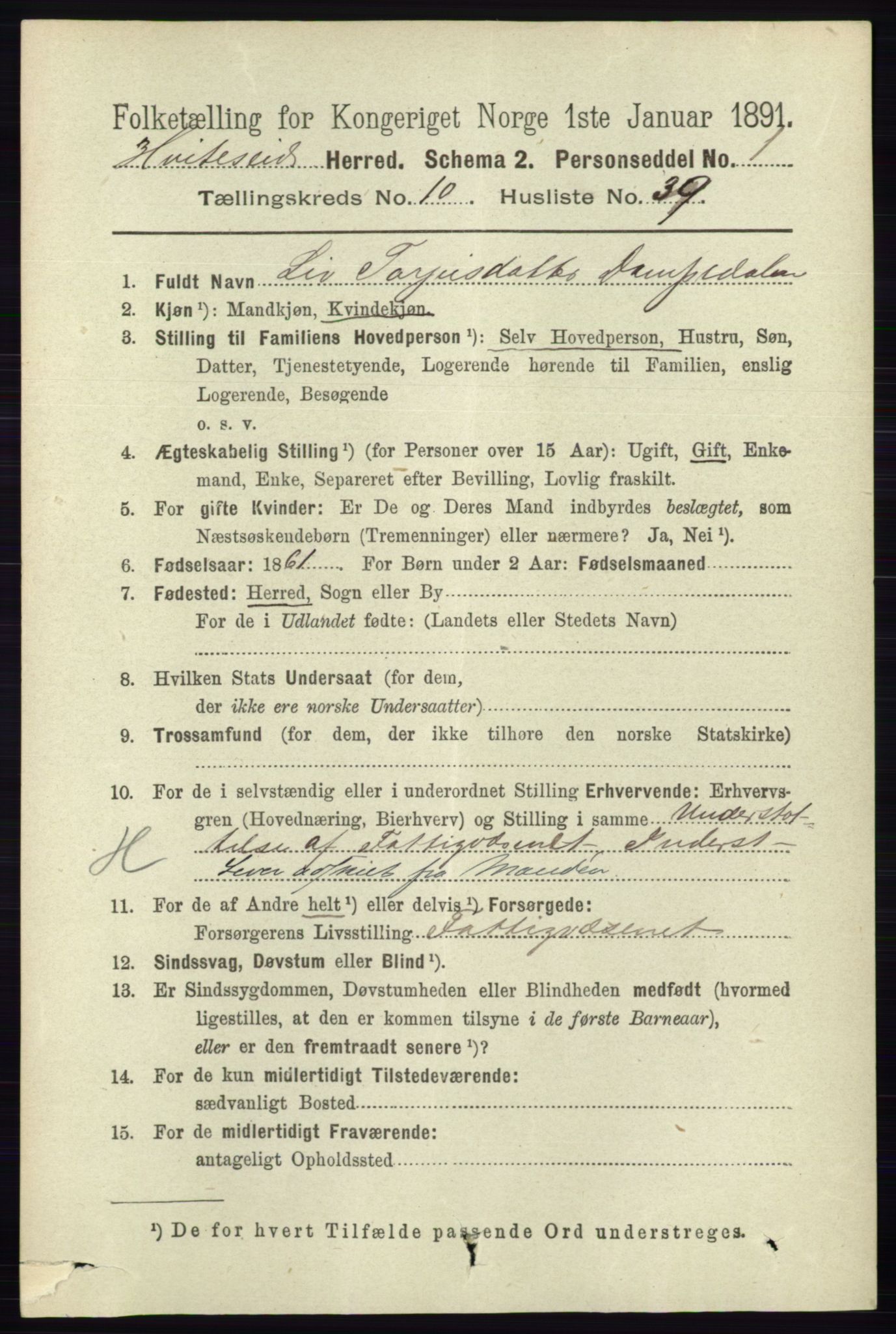 RA, 1891 census for 0829 Kviteseid, 1891, p. 2495