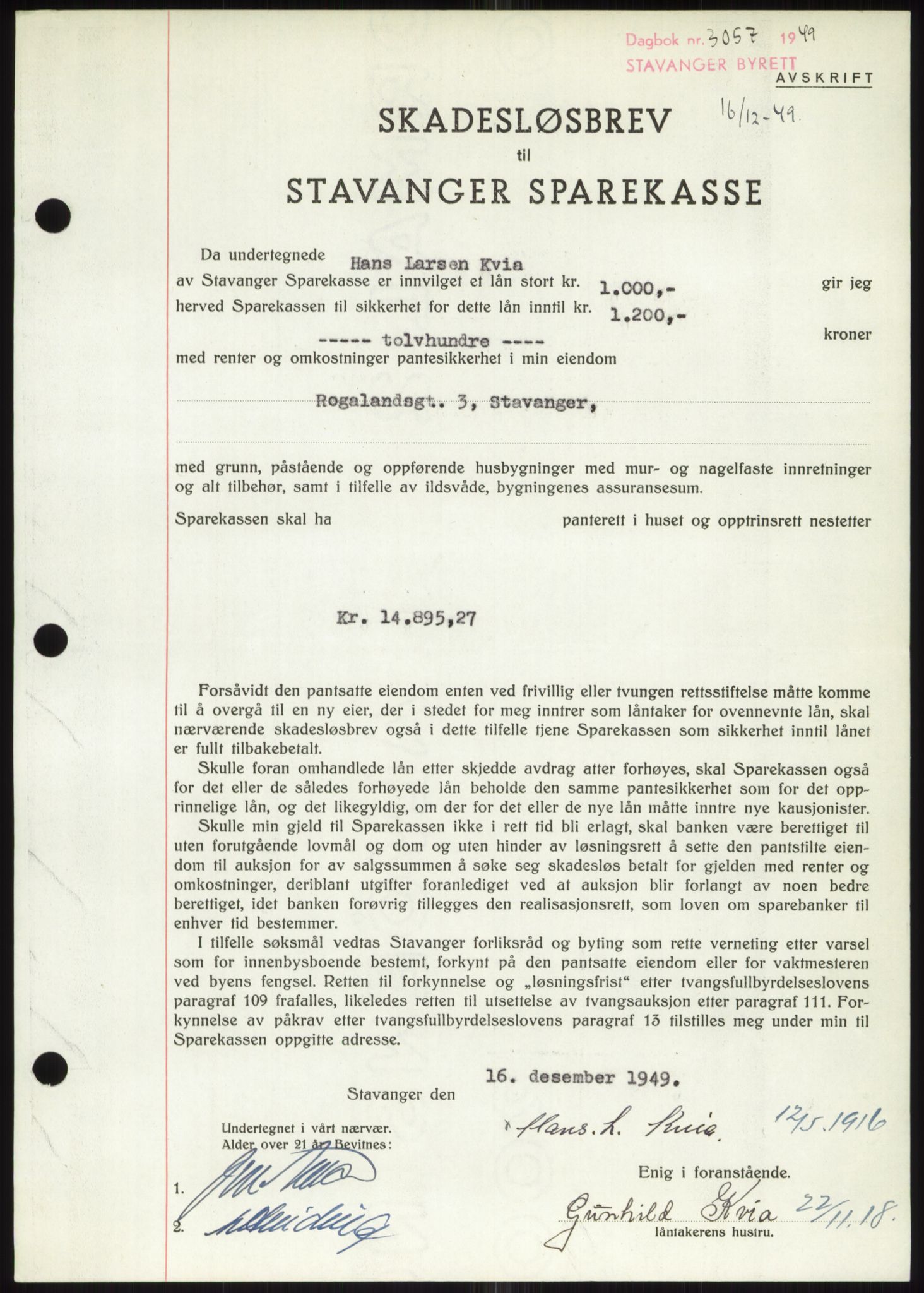 Stavanger byrett, SAST/A-100455/002/G/Gb/L0032: Mortgage book, 1947-1950, Diary no: : 3057/1949