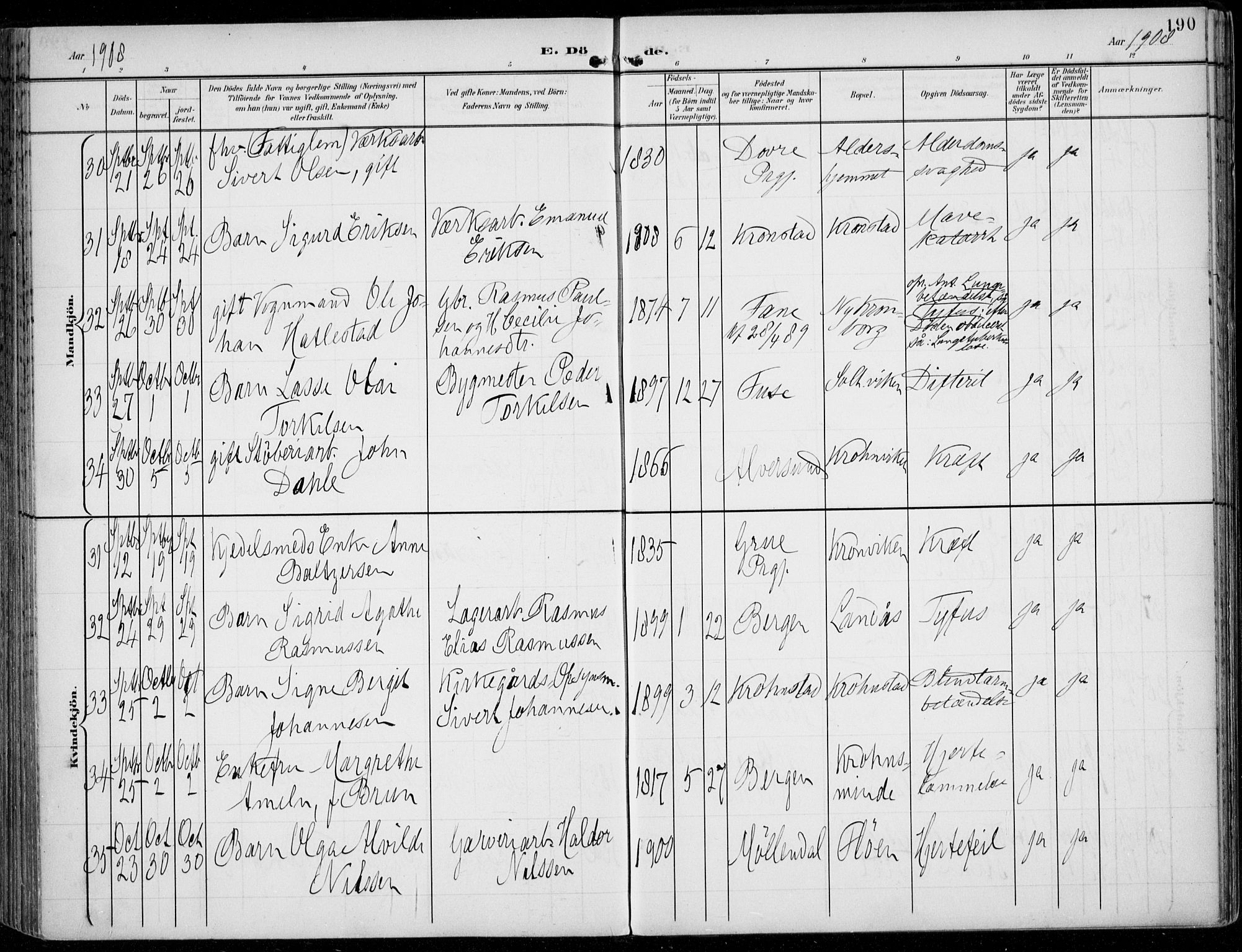 Årstad Sokneprestembete, AV/SAB-A-79301/H/Haa/L0009: Parish register (official) no. C 1, 1902-1918, p. 190