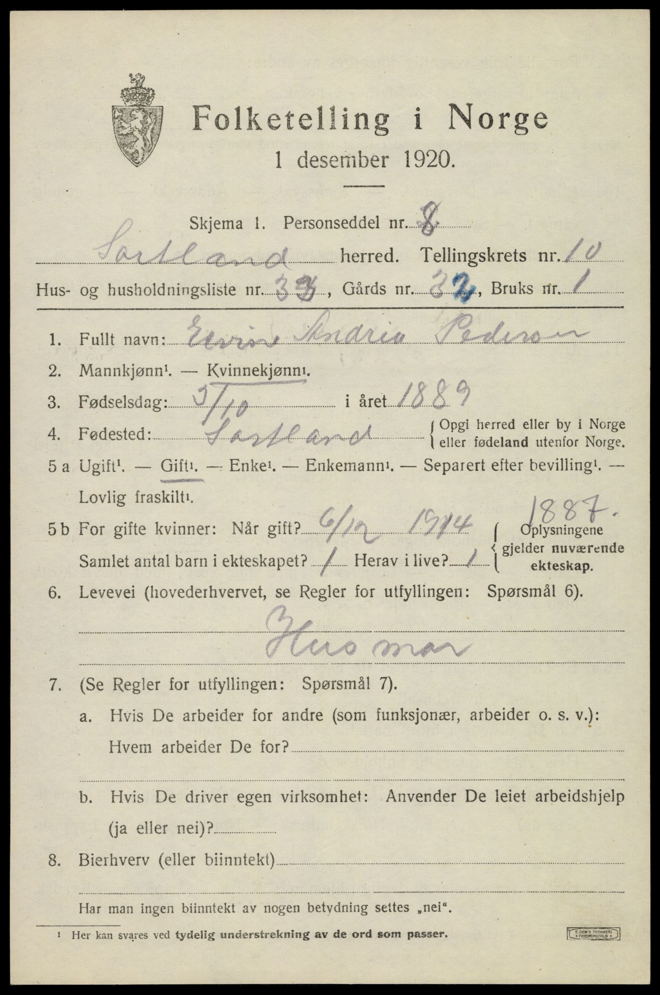 SAT, 1920 census for Sortland, 1920, p. 8014