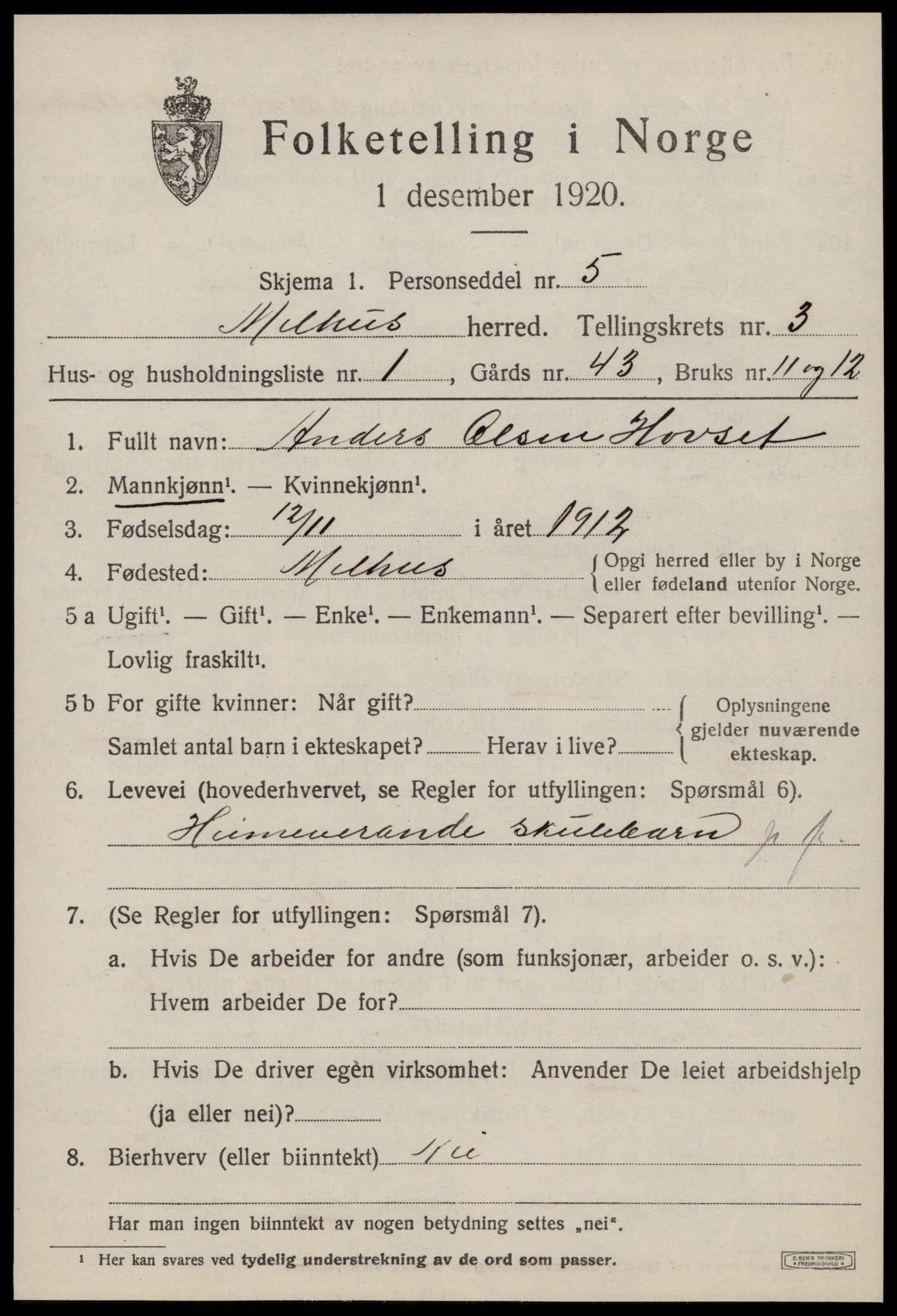 SAT, 1920 census for Melhus, 1920, p. 2601