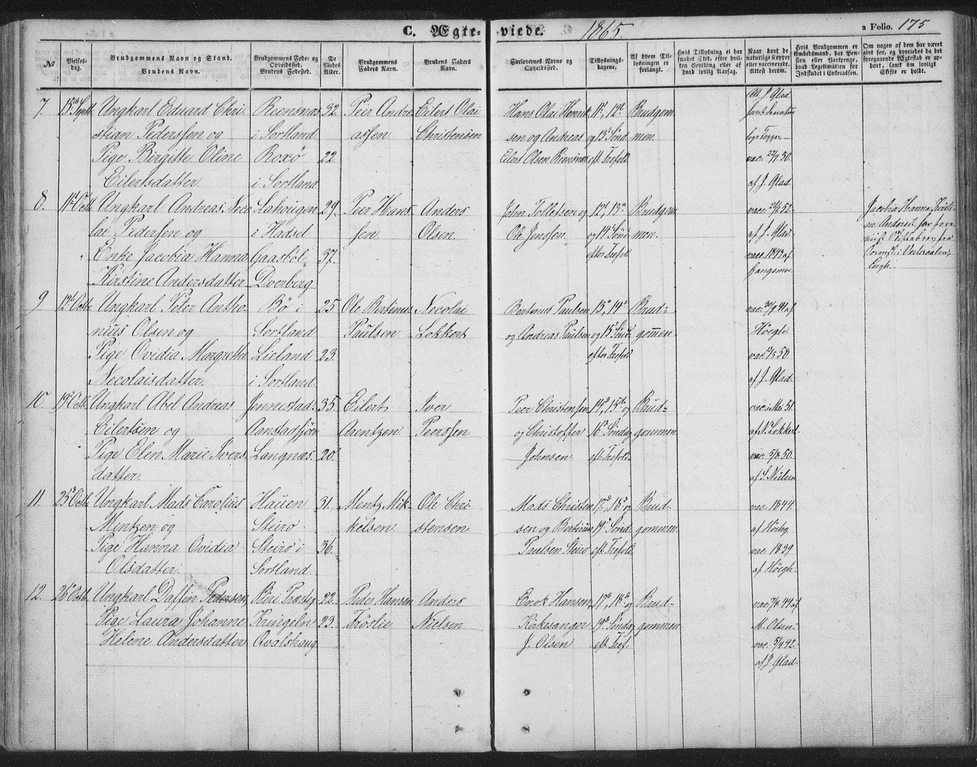 Ministerialprotokoller, klokkerbøker og fødselsregistre - Nordland, AV/SAT-A-1459/895/L1369: Parish register (official) no. 895A04, 1852-1872, p. 175