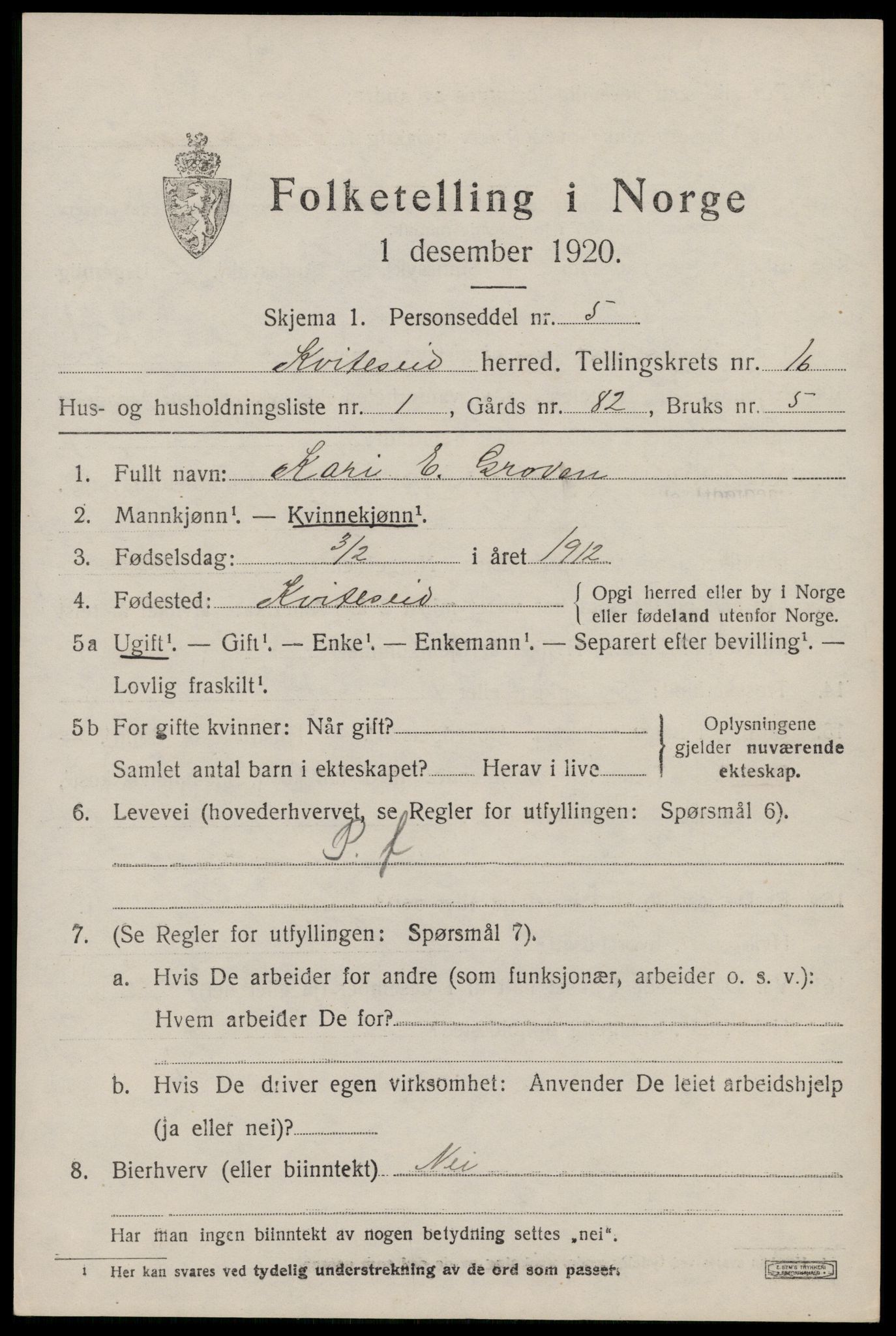 SAKO, 1920 census for Kviteseid, 1920, p. 7349