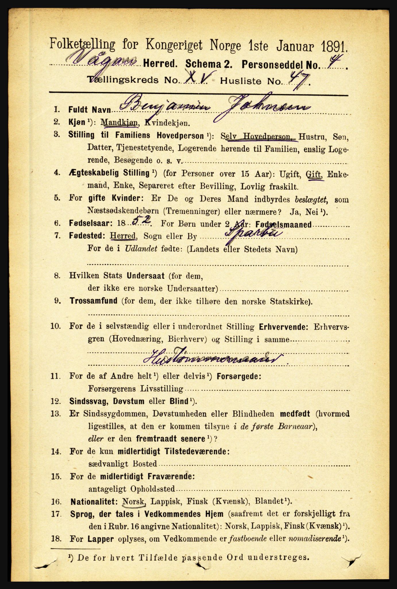 RA, 1891 census for 1865 Vågan, 1891, p. 4491