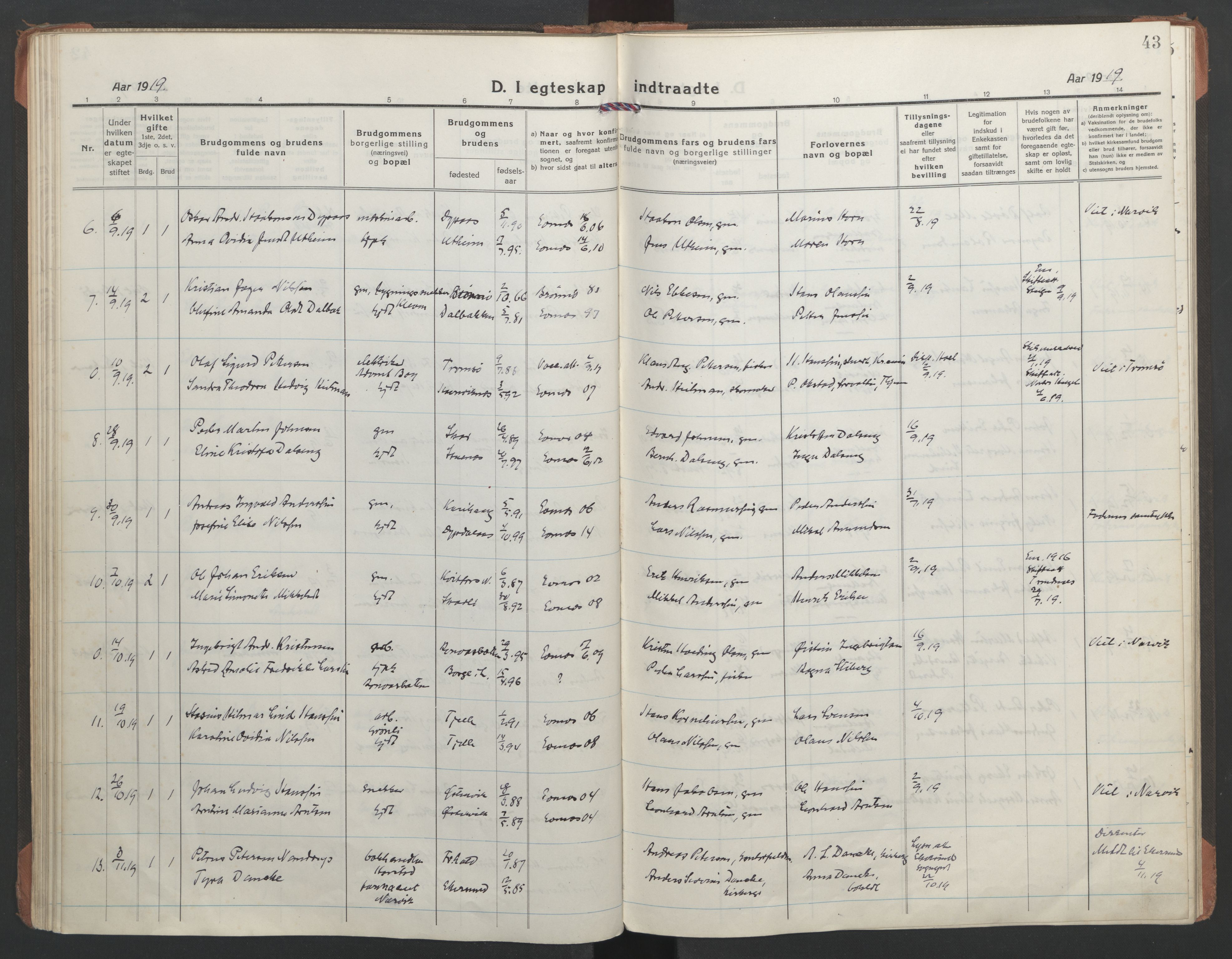 Ministerialprotokoller, klokkerbøker og fødselsregistre - Nordland, AV/SAT-A-1459/863/L0902: Parish register (official) no. 863A14, 1906-1937, p. 43