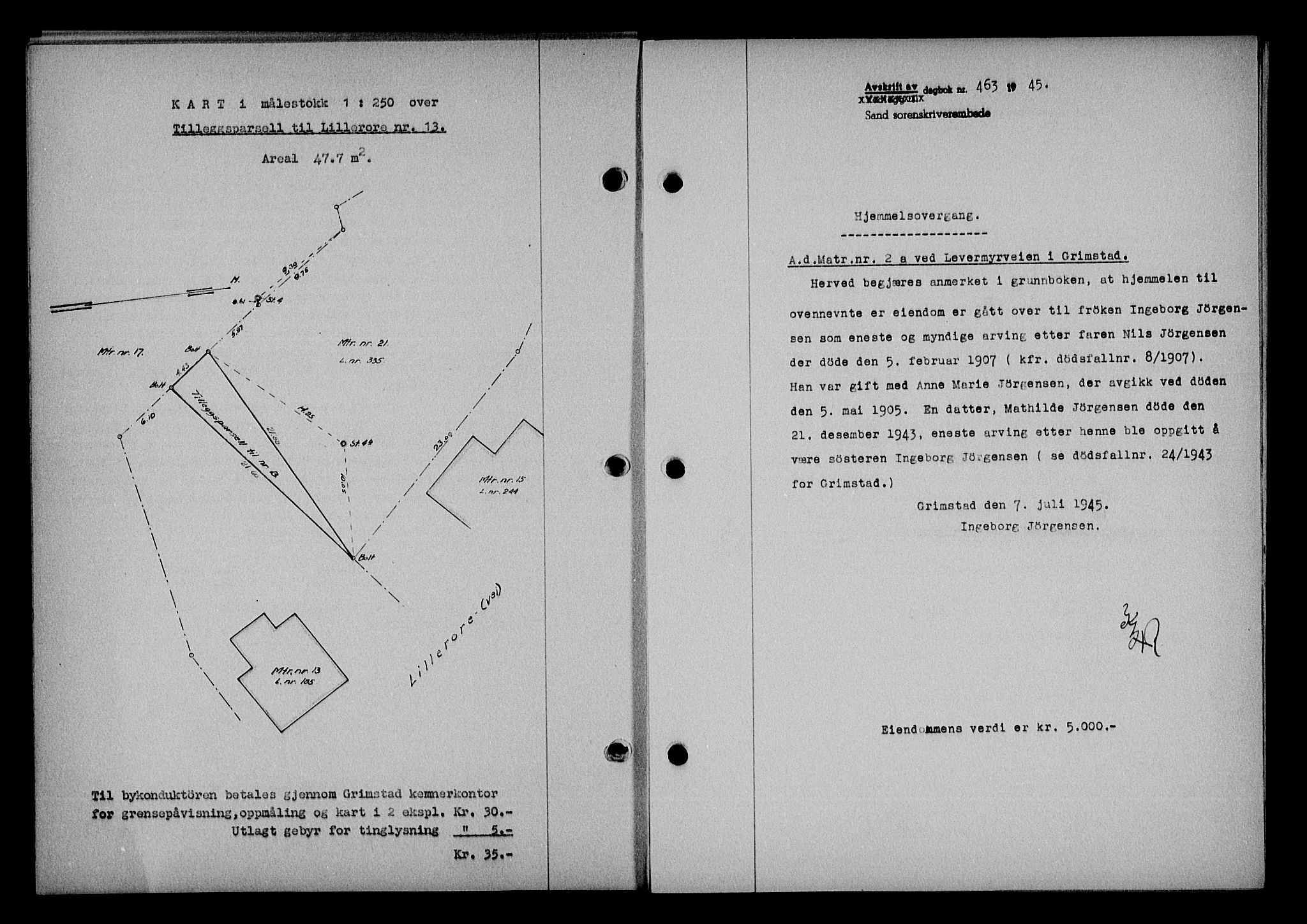 Vestre Nedenes/Sand sorenskriveri, SAK/1221-0010/G/Gb/Gba/L0053: Mortgage book no. A 6, 1944-1945, Diary no: : 463/1945