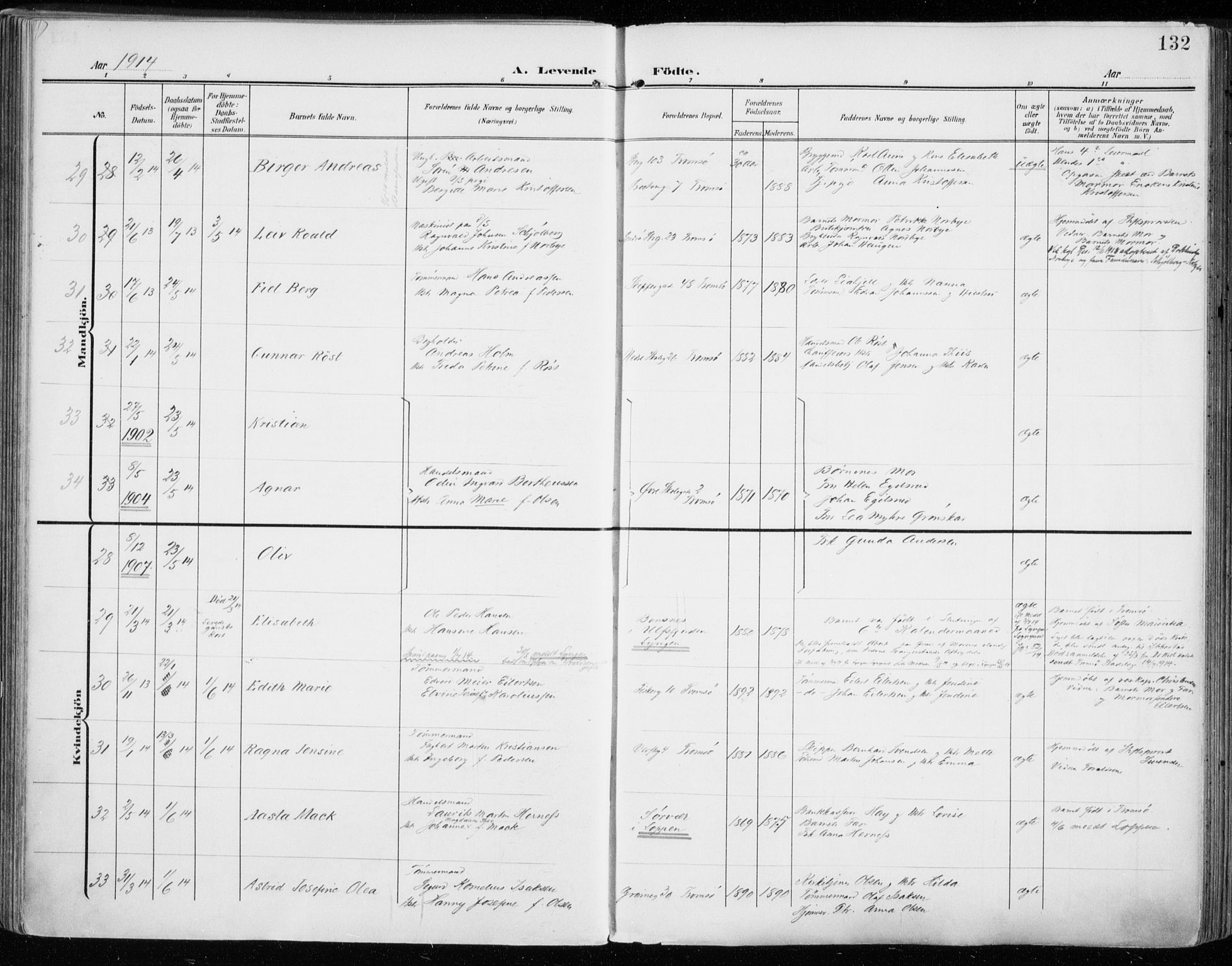 Tromsø sokneprestkontor/stiftsprosti/domprosti, AV/SATØ-S-1343/G/Ga/L0017kirke: Parish register (official) no. 17, 1907-1917, p. 132