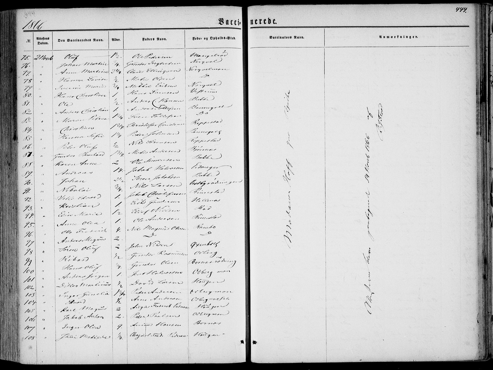 Hedrum kirkebøker, AV/SAKO-A-344/F/Fa/L0007: Parish register (official) no. I 7, 1857-1868, p. 444