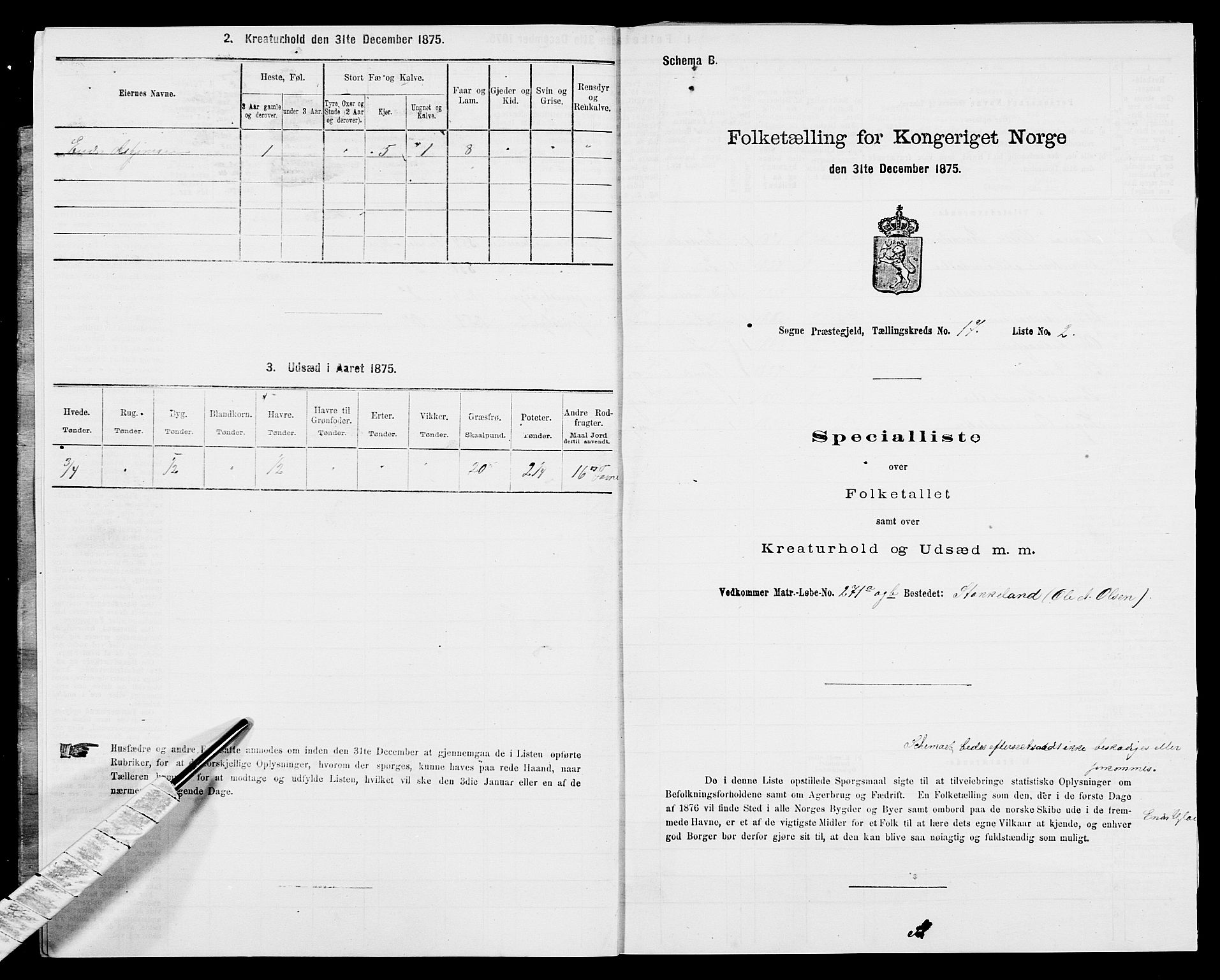 SAK, 1875 census for 1018P Søgne, 1875, p. 1344