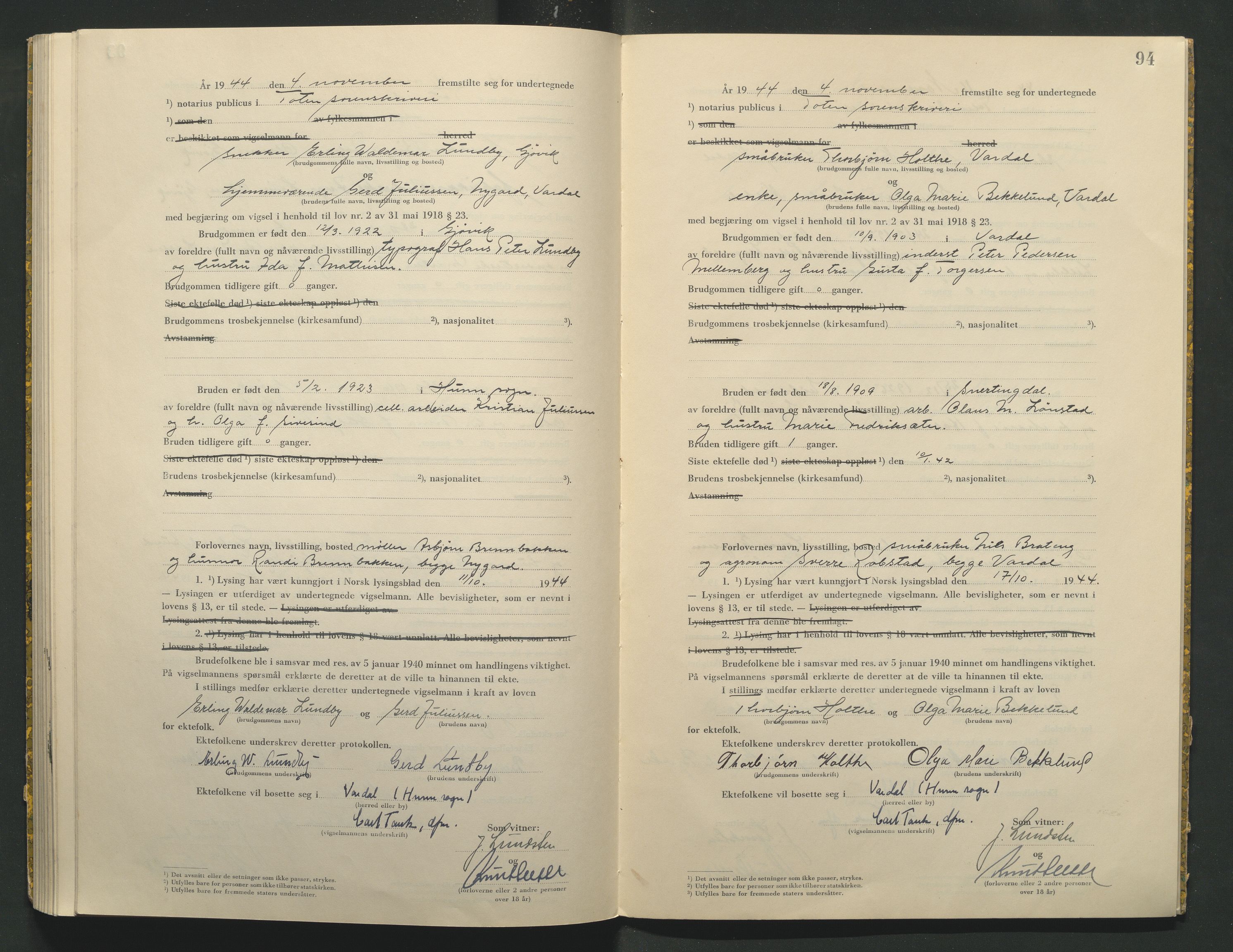 Toten tingrett, AV/SAH-TING-006/L/Lc/L0004: Vigselbok, 1944, p. 94
