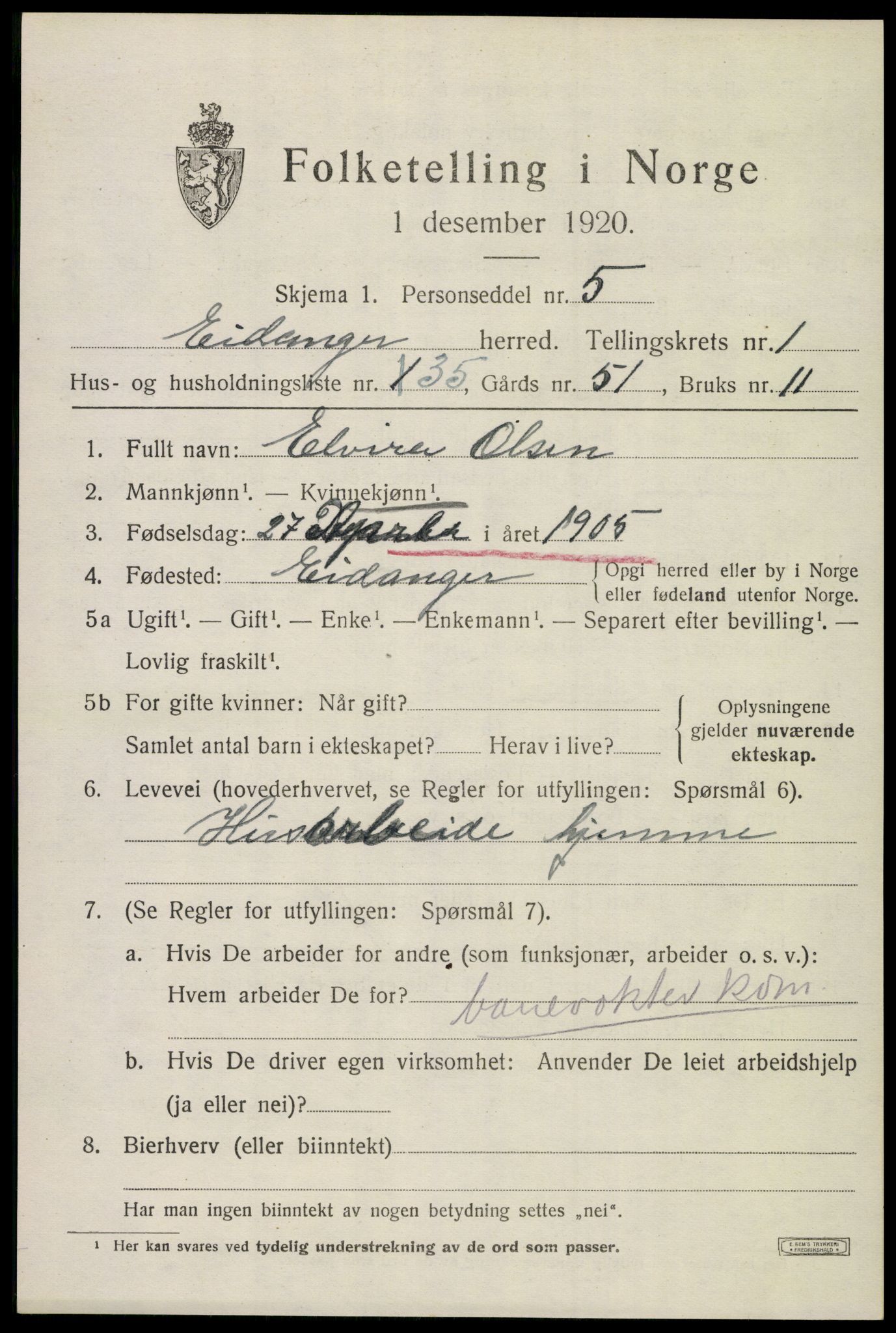 SAKO, 1920 census for Eidanger, 1920, p. 2024