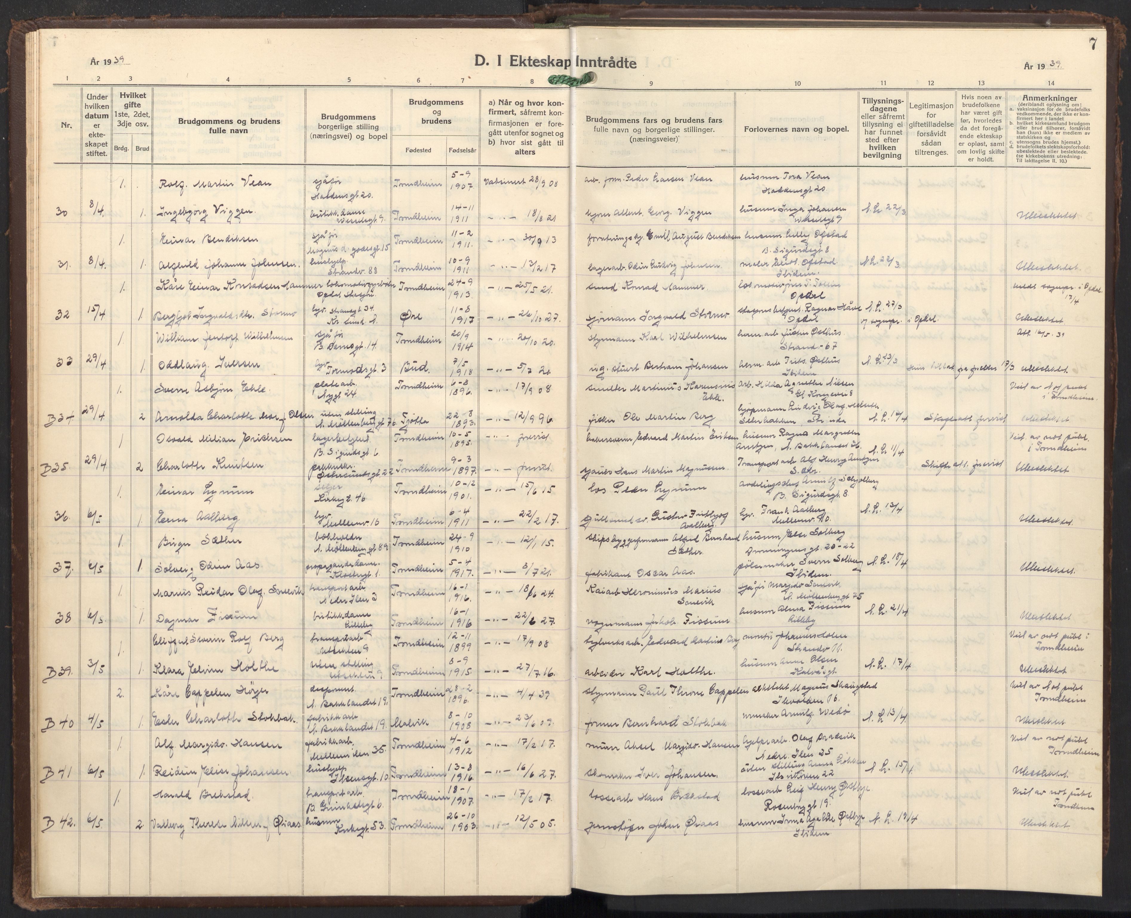 Ministerialprotokoller, klokkerbøker og fødselsregistre - Sør-Trøndelag, SAT/A-1456/605/L0263: Parish register (copy) no. 605C10, 1938-1949, p. 7