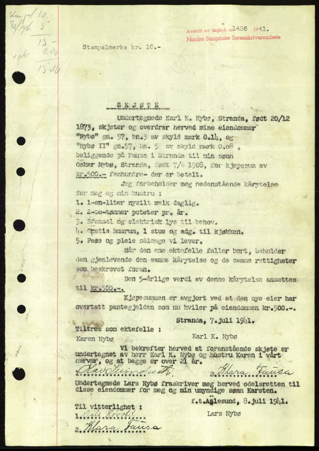 Nordre Sunnmøre sorenskriveri, SAT/A-0006/1/2/2C/2Ca: Mortgage book no. A11, 1941-1941, Diary no: : 1436/1941