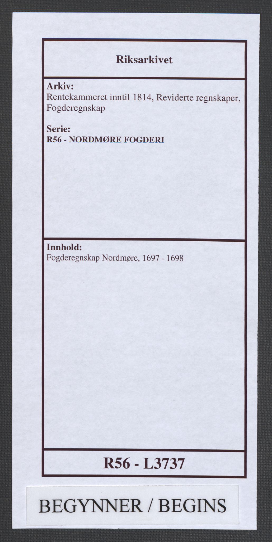 Rentekammeret inntil 1814, Reviderte regnskaper, Fogderegnskap, AV/RA-EA-4092/R56/L3737: Fogderegnskap Nordmøre, 1697-1698, p. 1