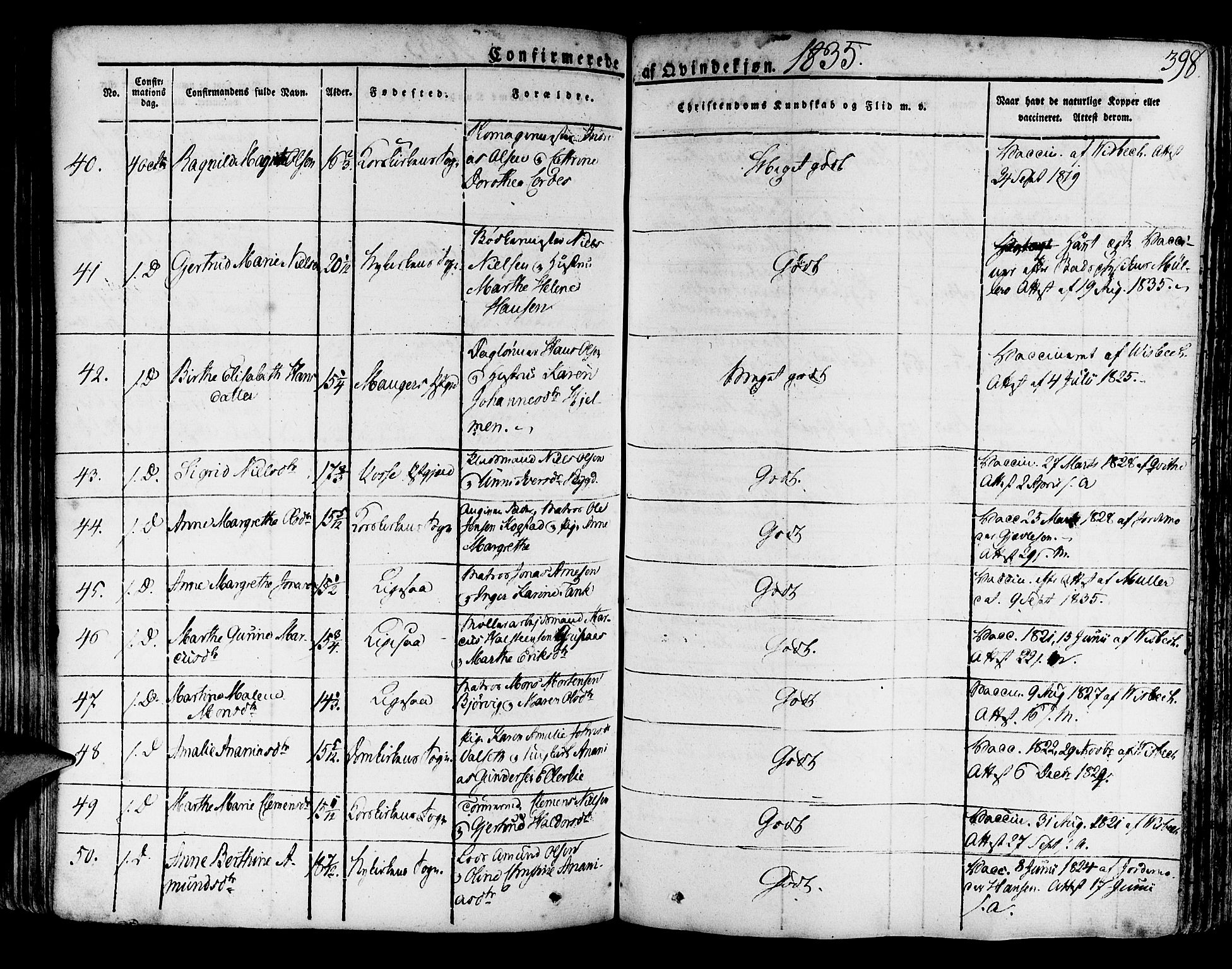 Korskirken sokneprestembete, AV/SAB-A-76101/H/Haa/L0014: Parish register (official) no. A 14, 1823-1835, p. 398