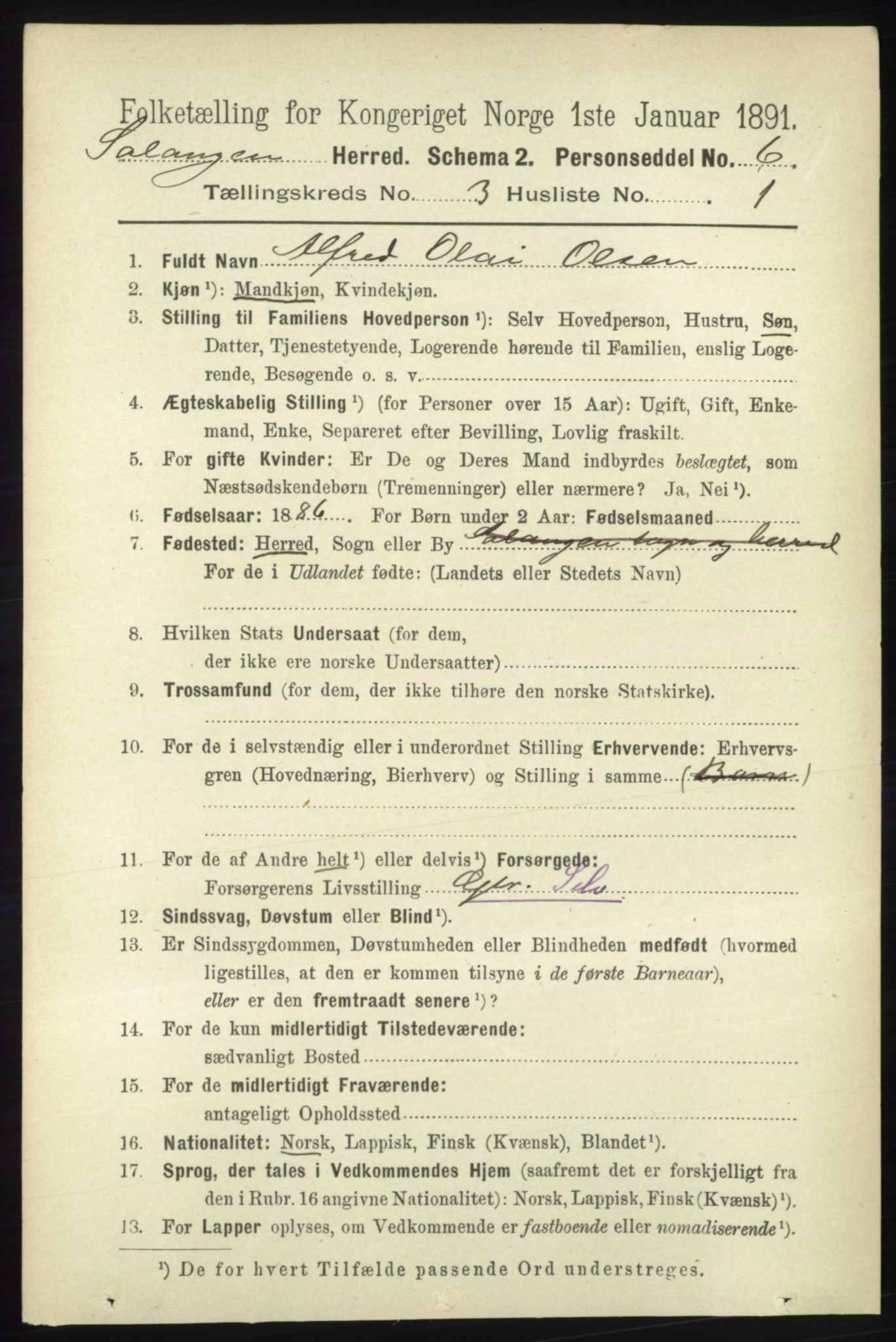 RA, 1891 census for 1921 Salangen, 1891, p. 1234