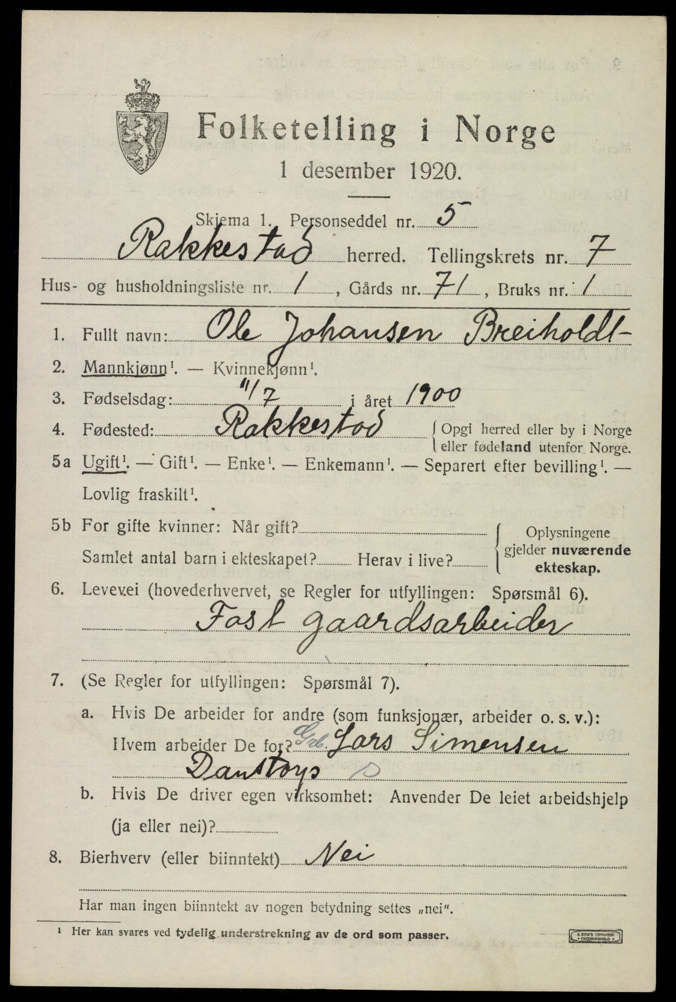 SAO, 1920 census for Rakkestad, 1920, p. 6827