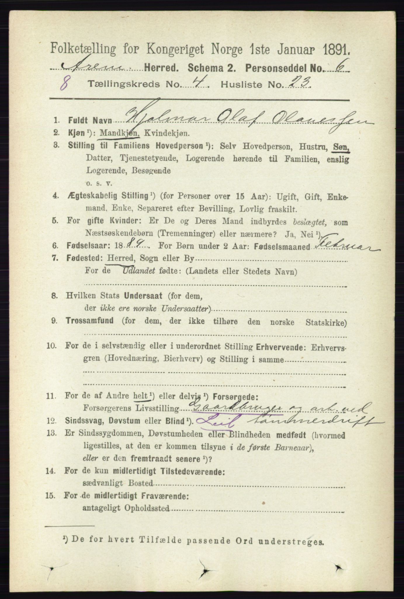 RA, 1891 census for 0118 Aremark, 1891, p. 2072