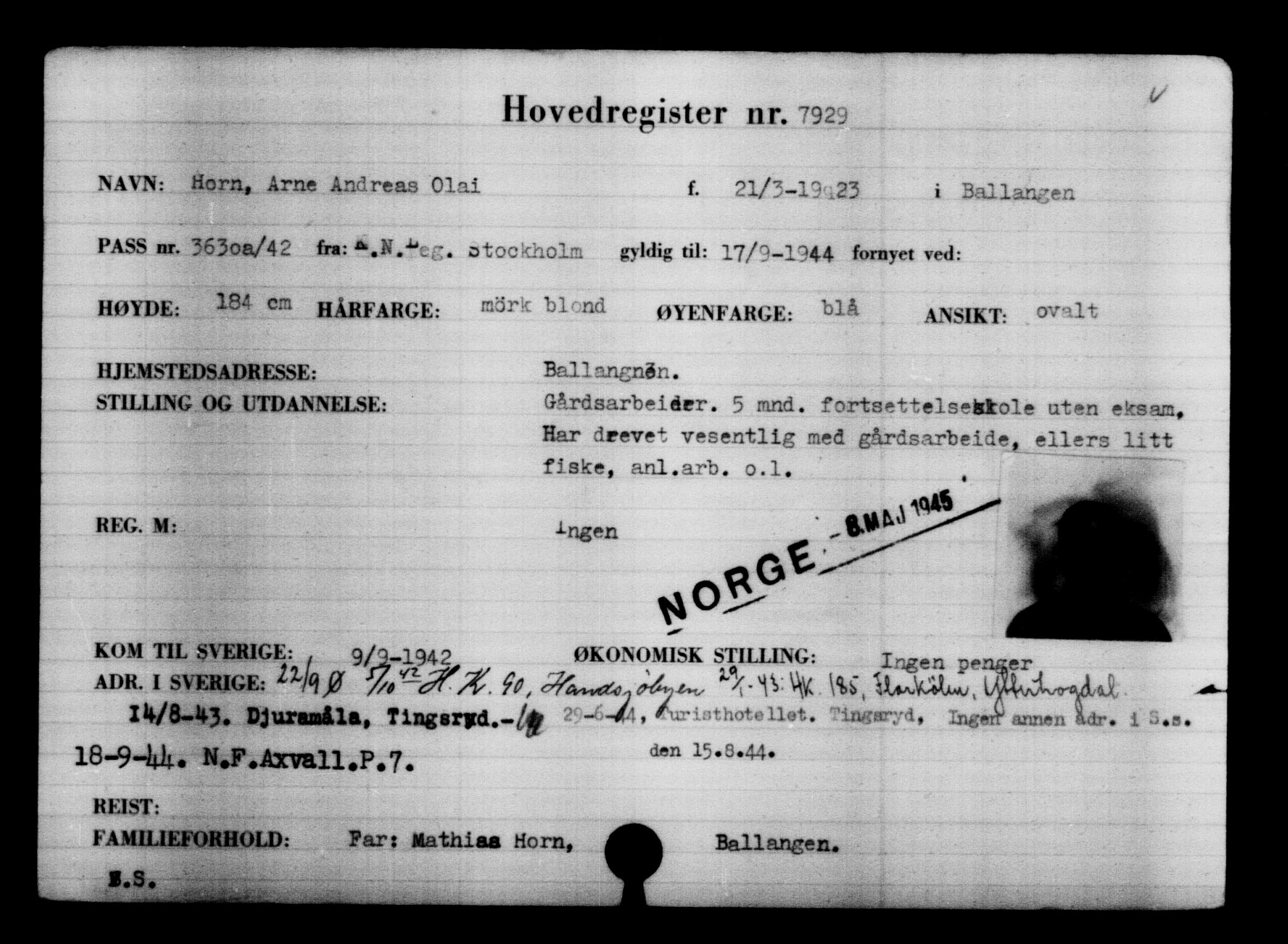 Utenriksstasjonene, Legasjonen i Stockholm, Flyktningkontoret, AV/RA-S-6753/V/Va/L0005: Kjesäterkartoteket, flyktninger med registreringsnr. 6600-9417, 1940-1945, p. 1554