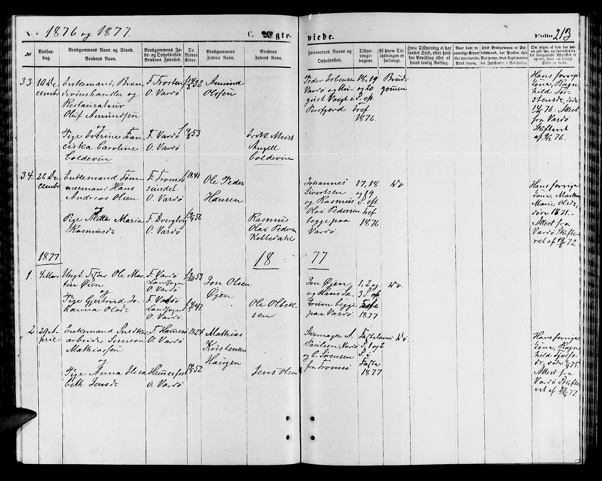 Vardø sokneprestkontor, SATØ/S-1332/H/Hb/L0003klokker: Parish register (copy) no. 3, 1871-1878, p. 213
