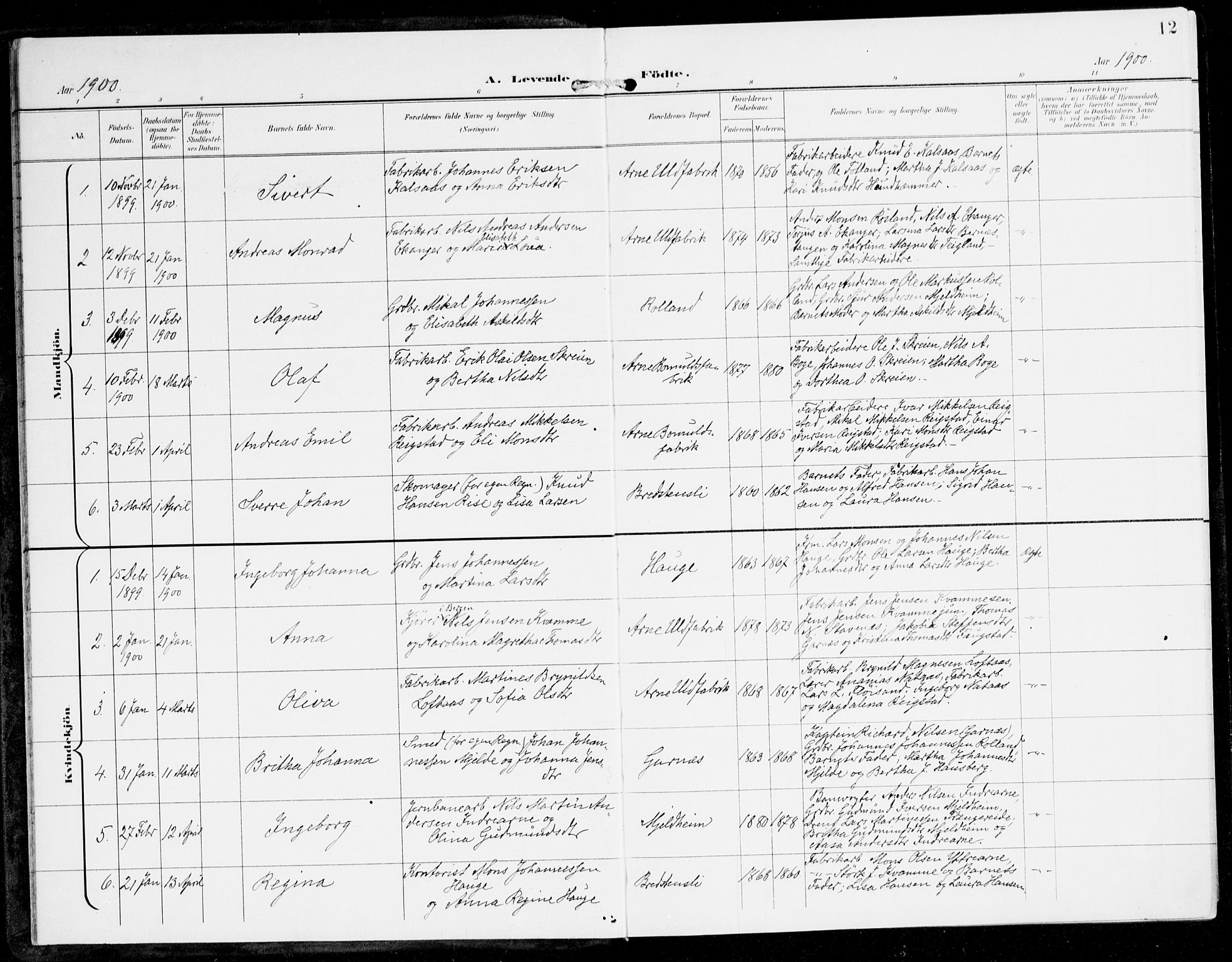 Haus sokneprestembete, AV/SAB-A-75601/H/Haa: Parish register (official) no. D 2, 1899-1912, p. 12